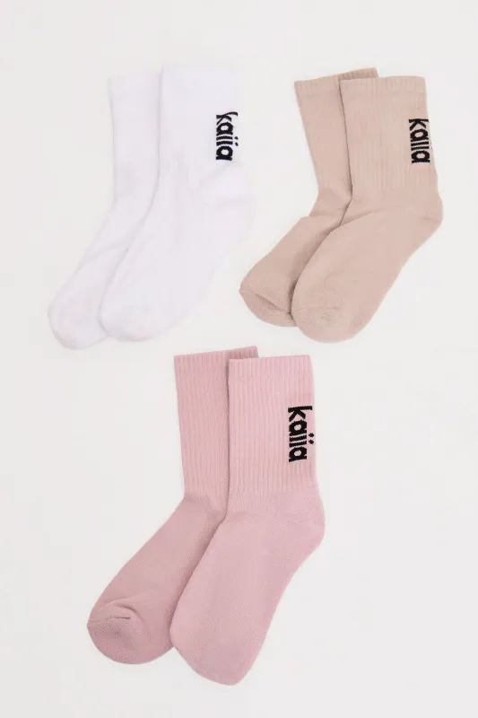 Pack of Three Kaiia Logo Socks Pale Lilac, Taupe & White made by Kaiia the label