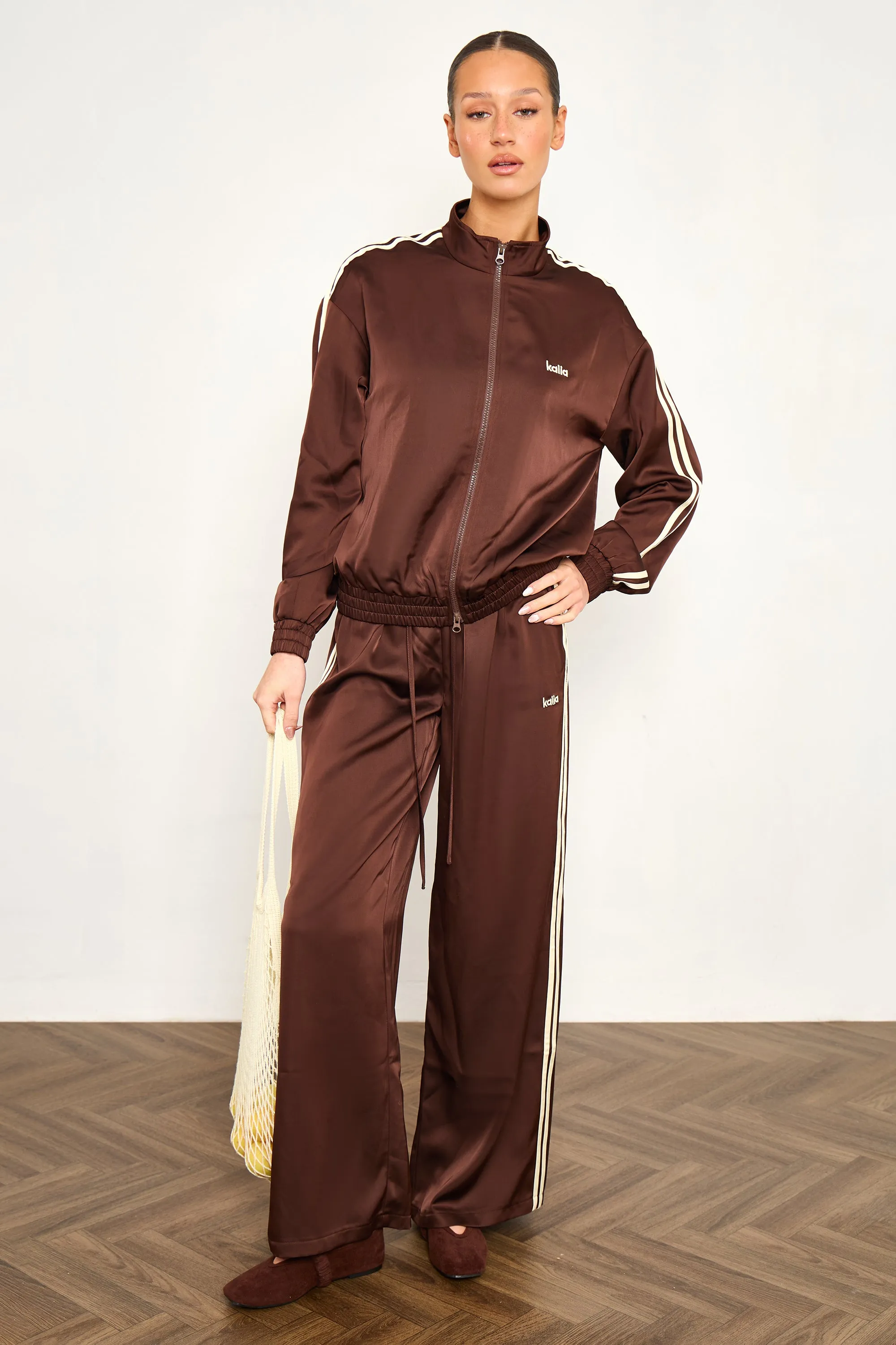 Kaiia Satin Side Stripe Wide Leg Trousers Cocoa Brown & Lemon sold by Kaiia the label