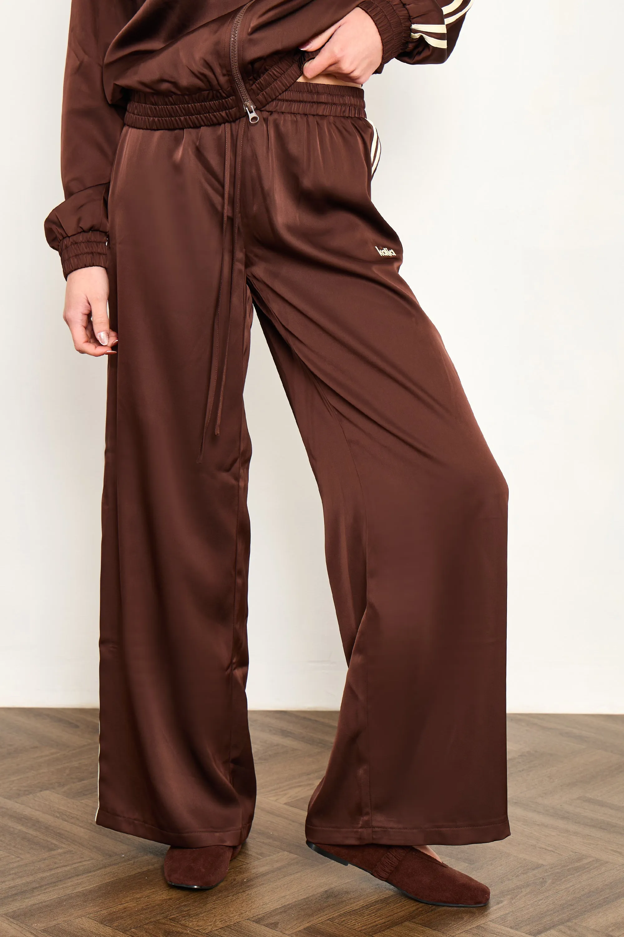 Kaiia Satin Side Stripe Wide Leg Trousers Cocoa Brown & Lemon sold by Kaiia the label product image thumbnail 2