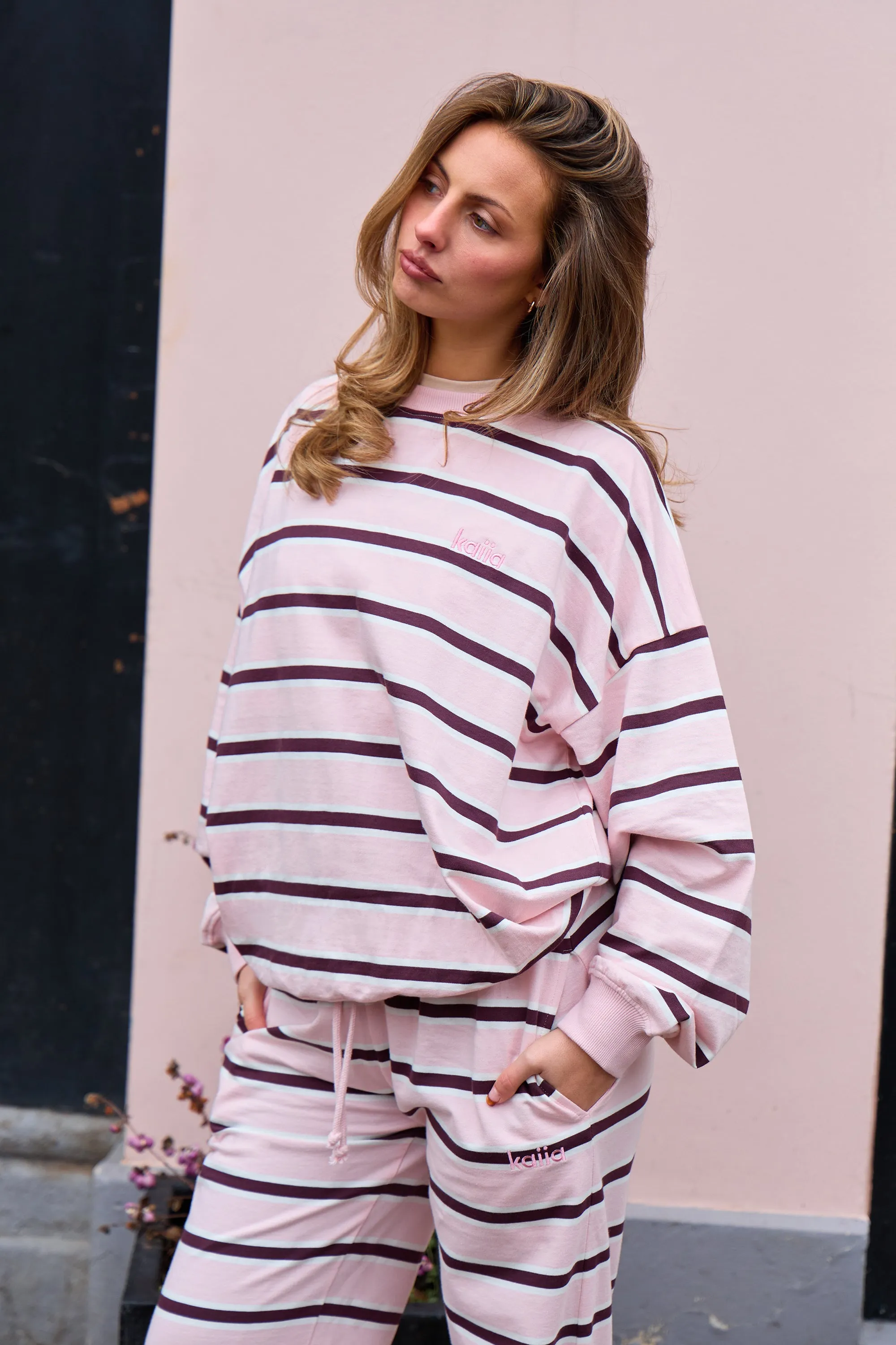 Kaiia Striped Oversized Sweatshirt Pink & Chocolate sold by Kaiia the label