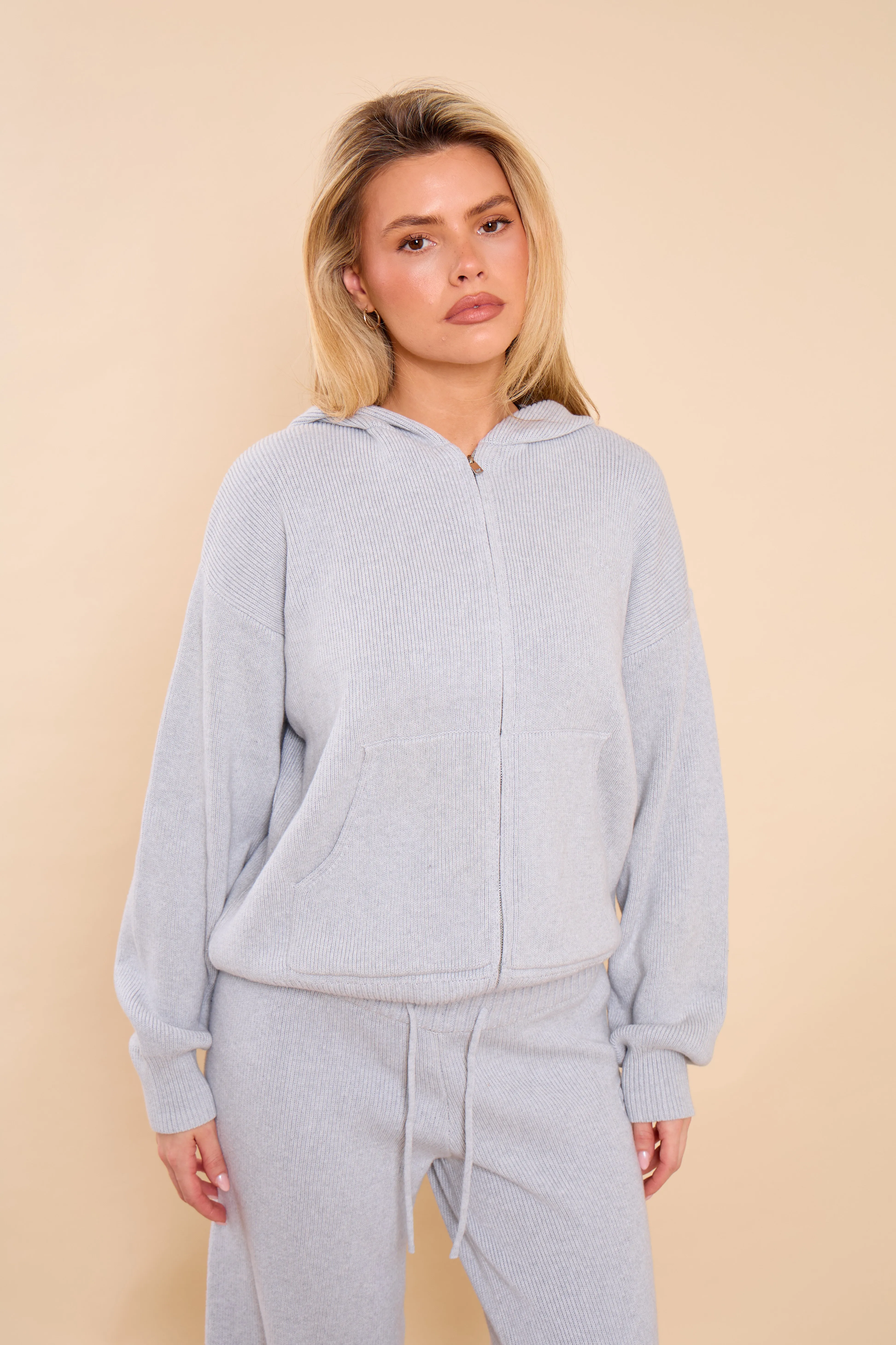 Kaiia Embossed Premium Knit Oversized Zip Through Hoodie Light Grey Marl sold by Kaiia the label