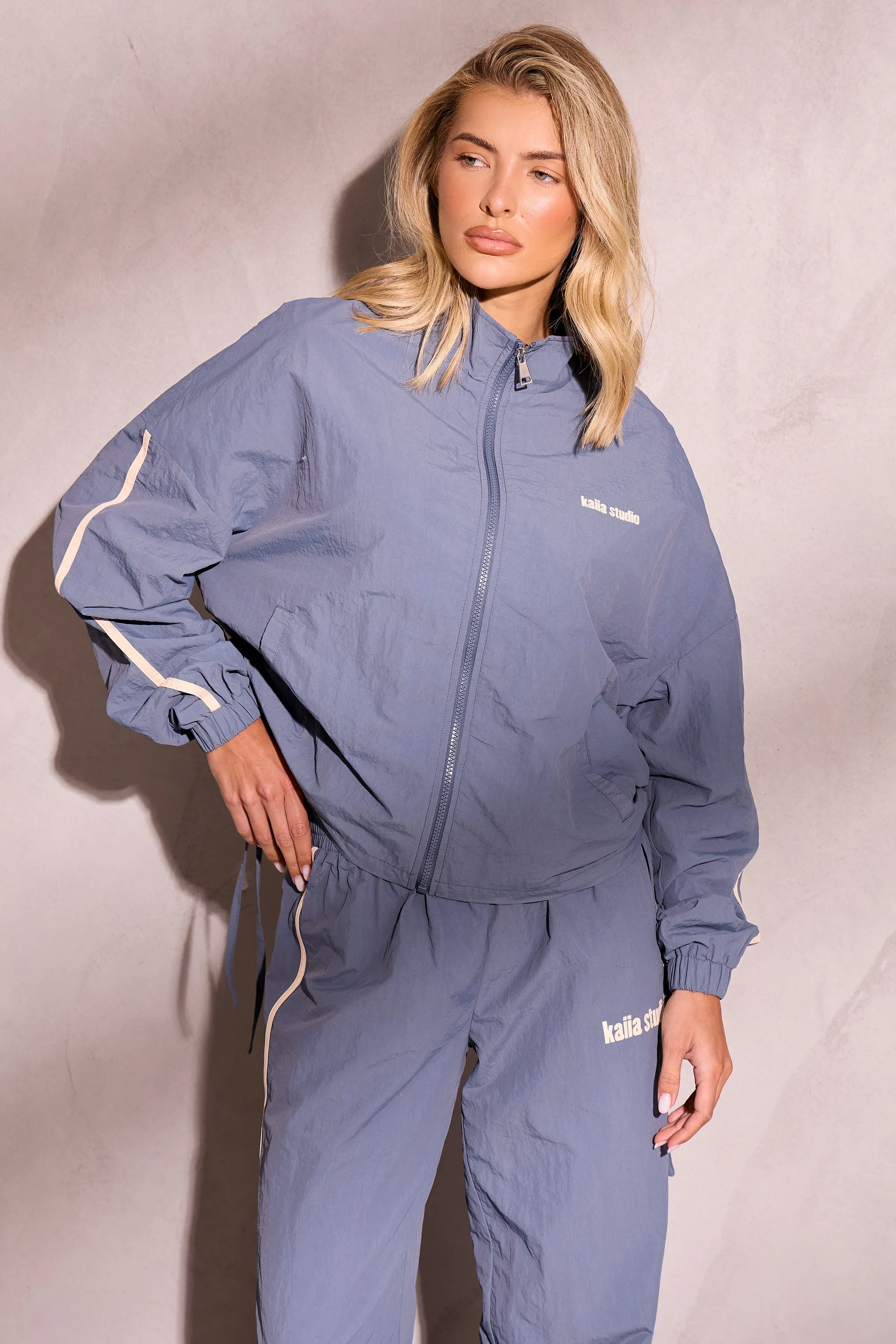 Kaiia Woven Windbreaker Zip Up Jacket Petrol Blue & Cream sold by Kaiia the label