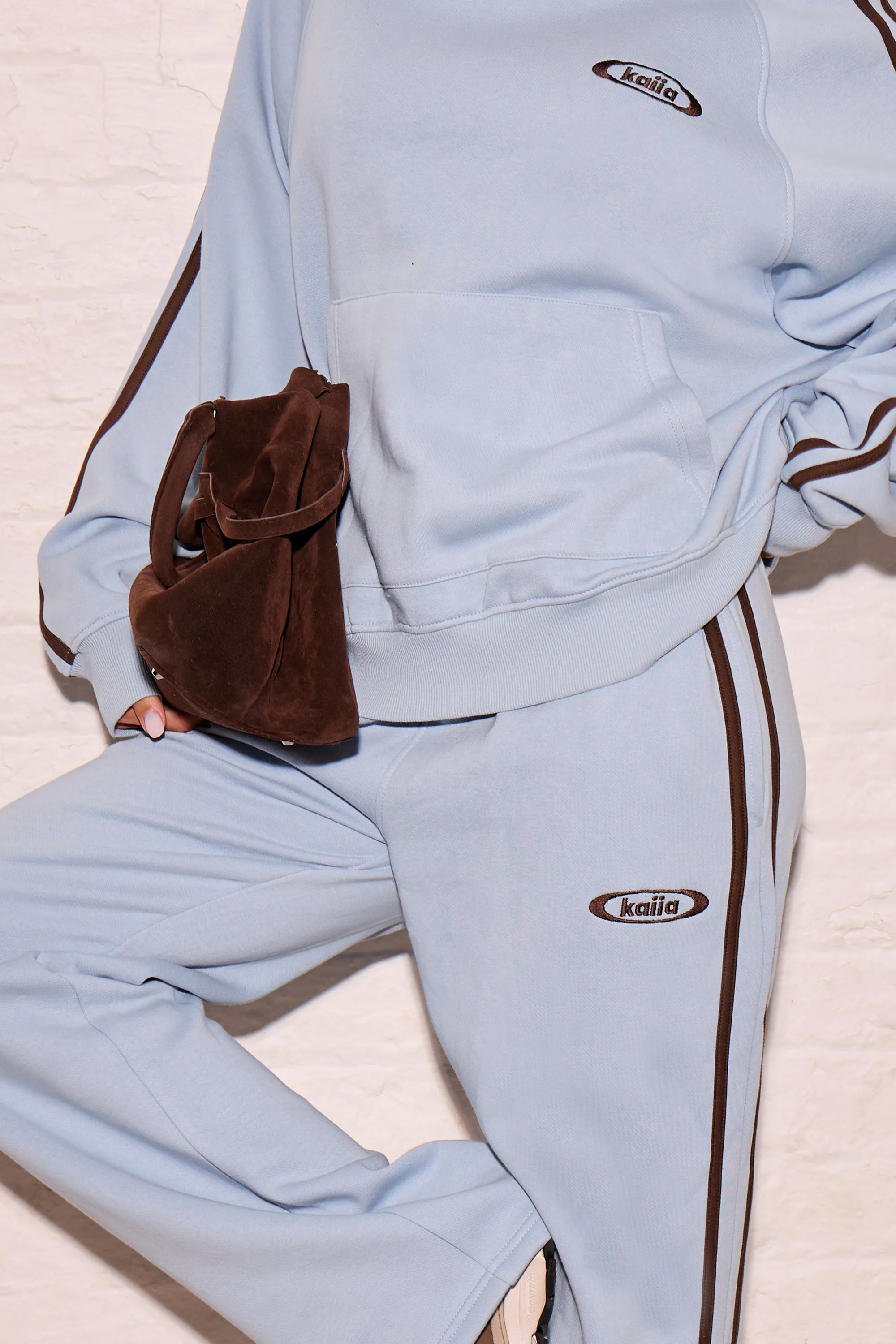 Kaiia Logo Side Stripe Wide Leg Joggers Dusty Blue & Chestnut Brown sold by Kaiia the label product image thumbnail 2