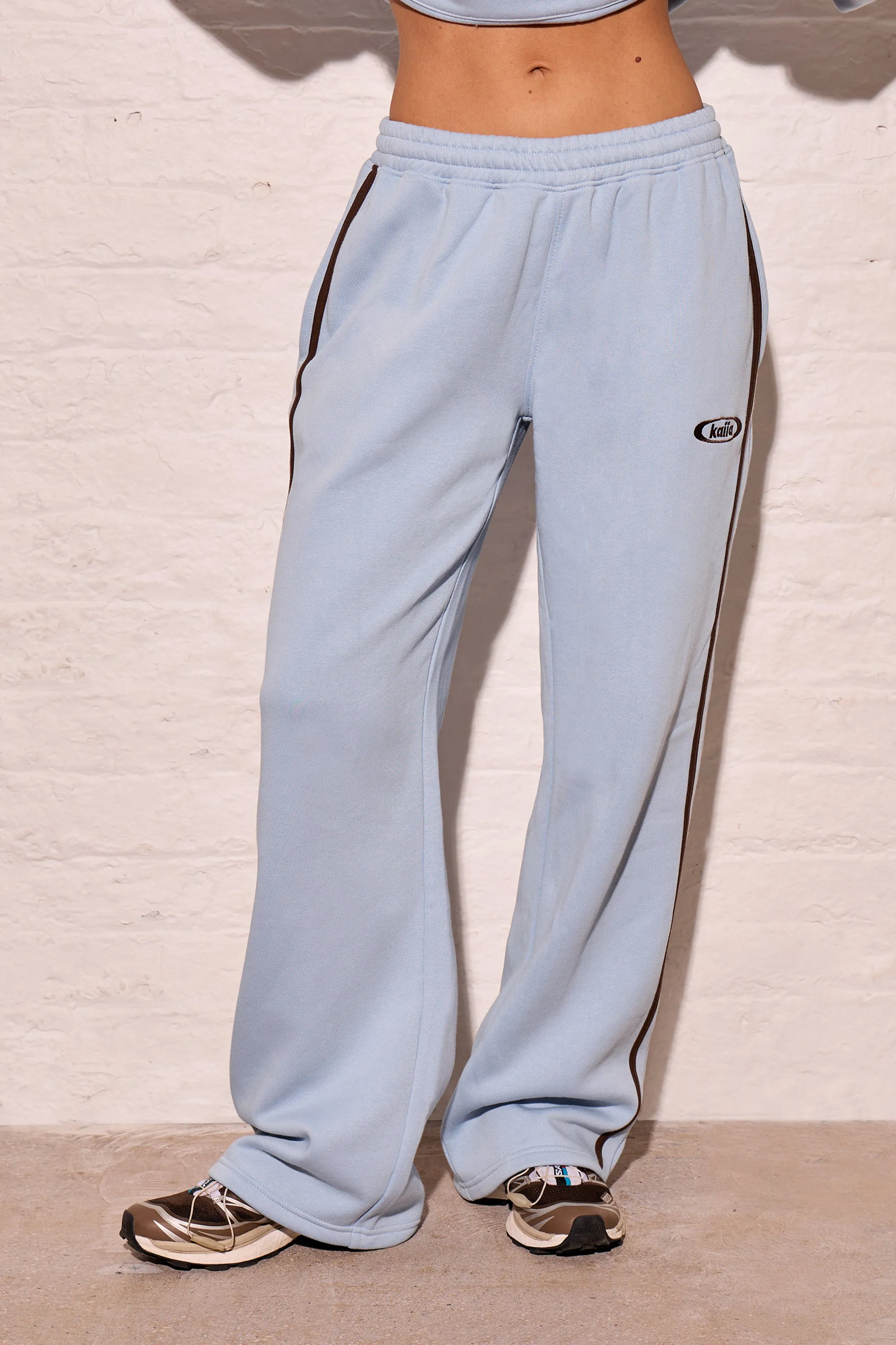 Kaiia Logo Side Stripe Wide Leg Joggers Dusty Blue & Chestnut Brown sold by Kaiia the label product image thumbnail 3