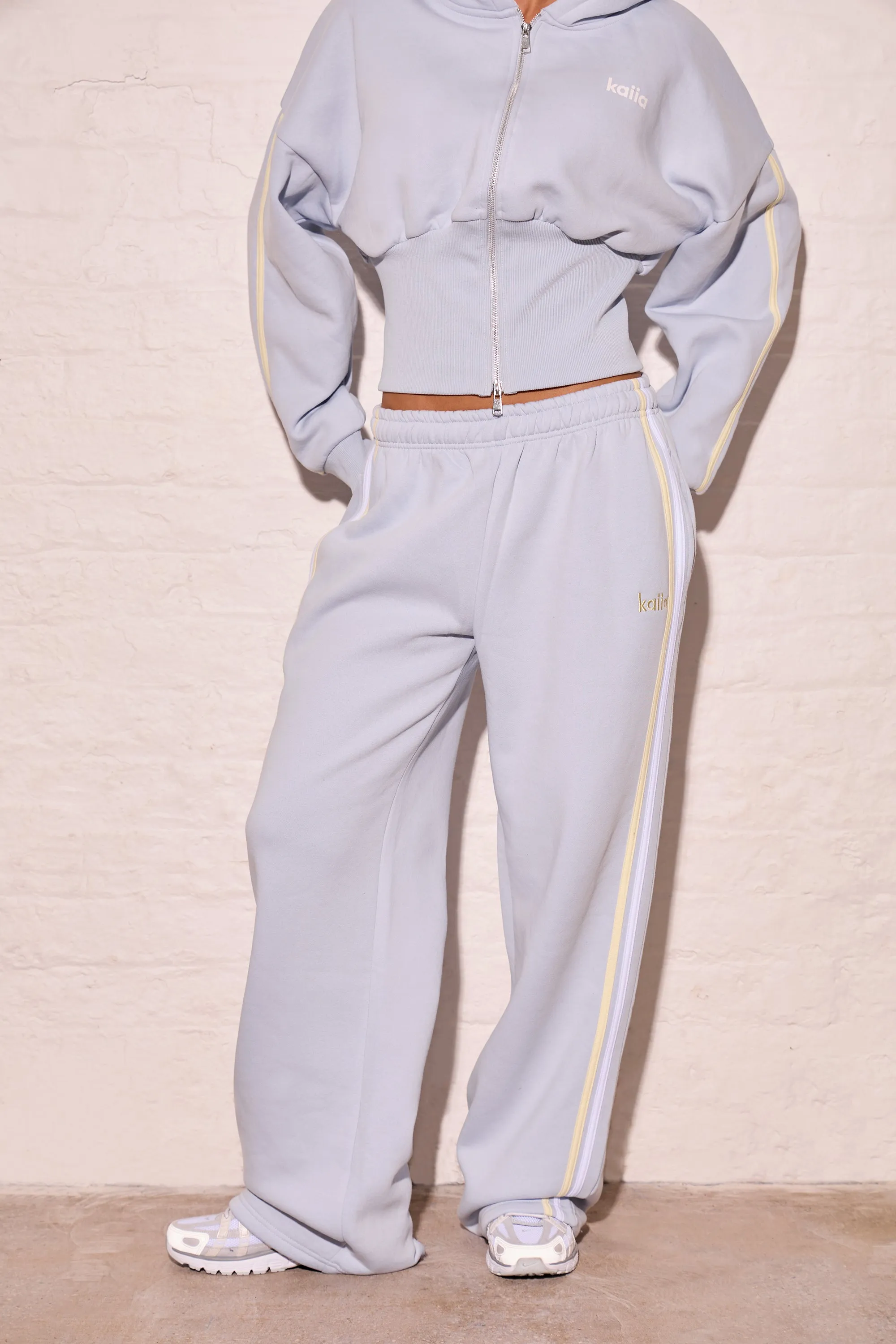 Kaiia Side Stripe Wide Leg Joggers Dusty Blue & Lemon sold by Kaiia the label product image thumbnail 3