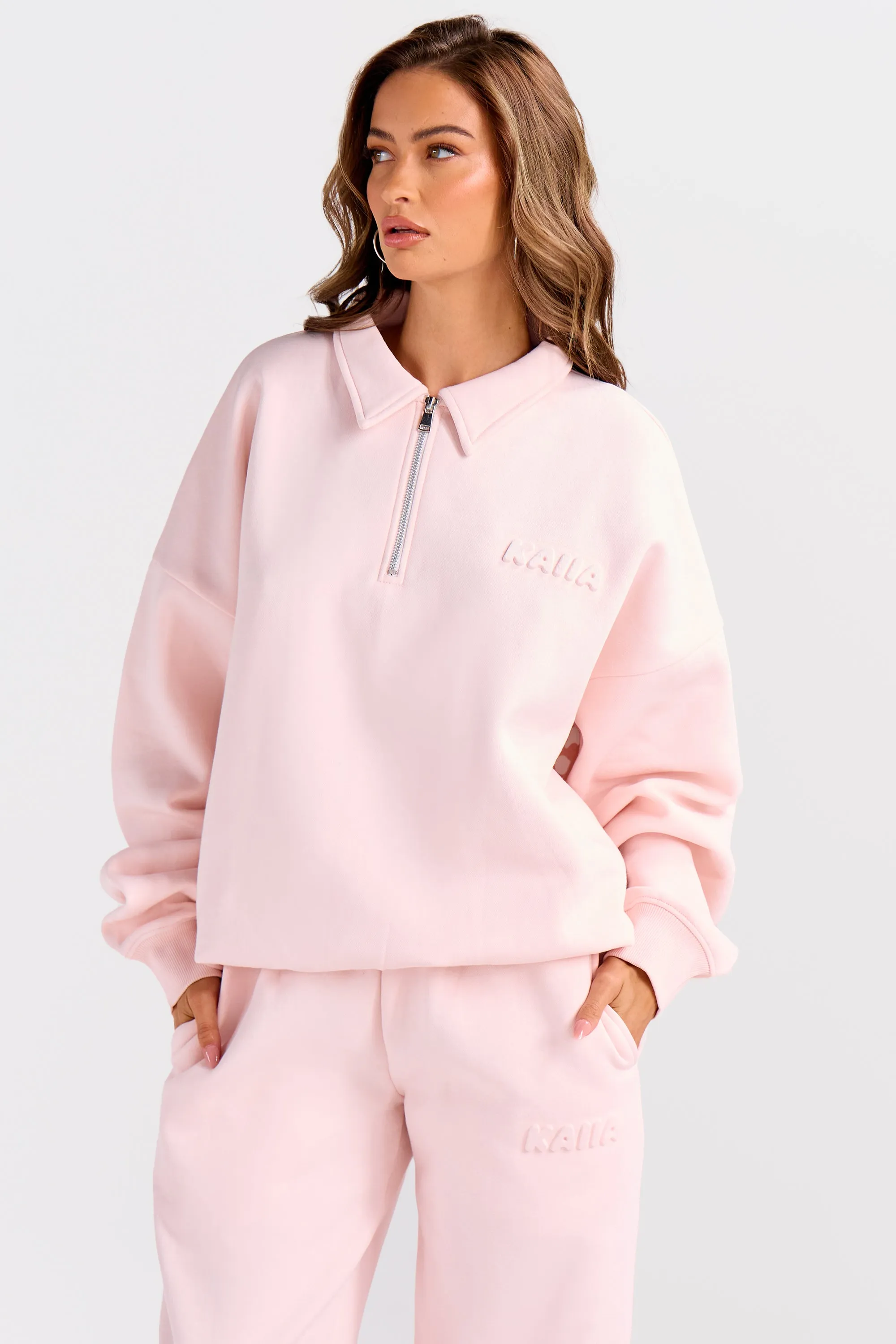 Kaiia Embossed Bubble Logo Quarter Zip Oversized Sweatshirt Light Rose sold by Kaiia the label product image thumbnail 5