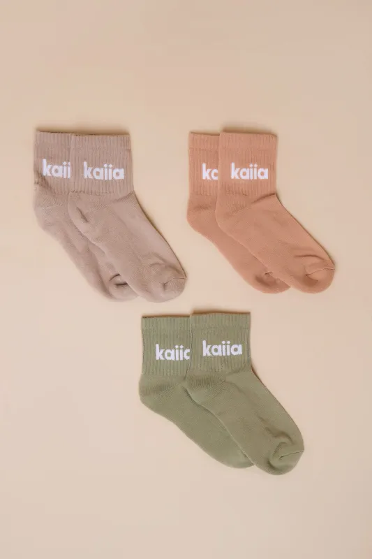 Pack of Three Kaiia Logo Socks Chalk, Eucalyptus & Clay Pink made by Kaiia the label