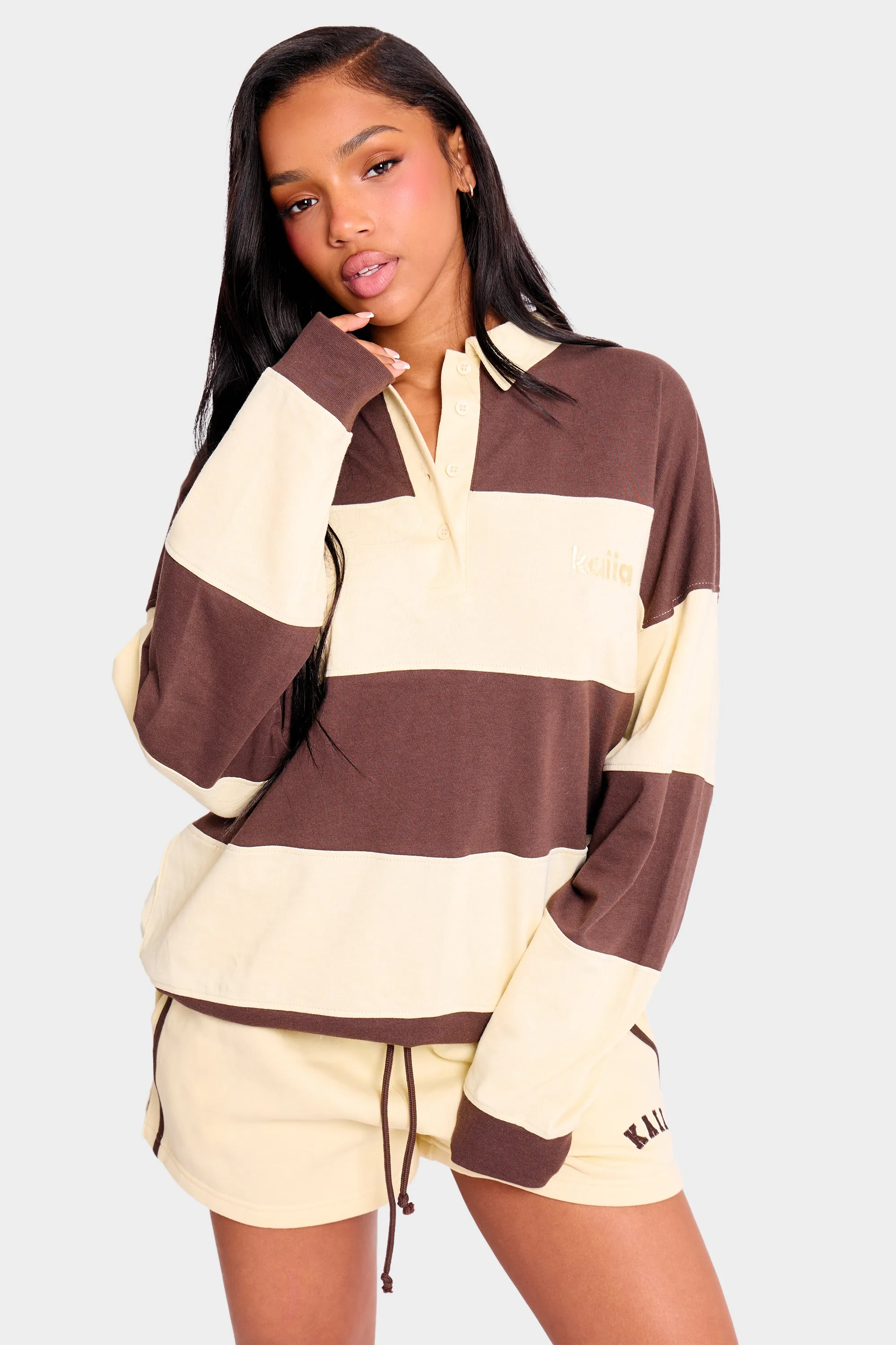 Kaiia Striped Oversized Rugby Style Top Butter Yellow & Brown sold by Kaiia the label