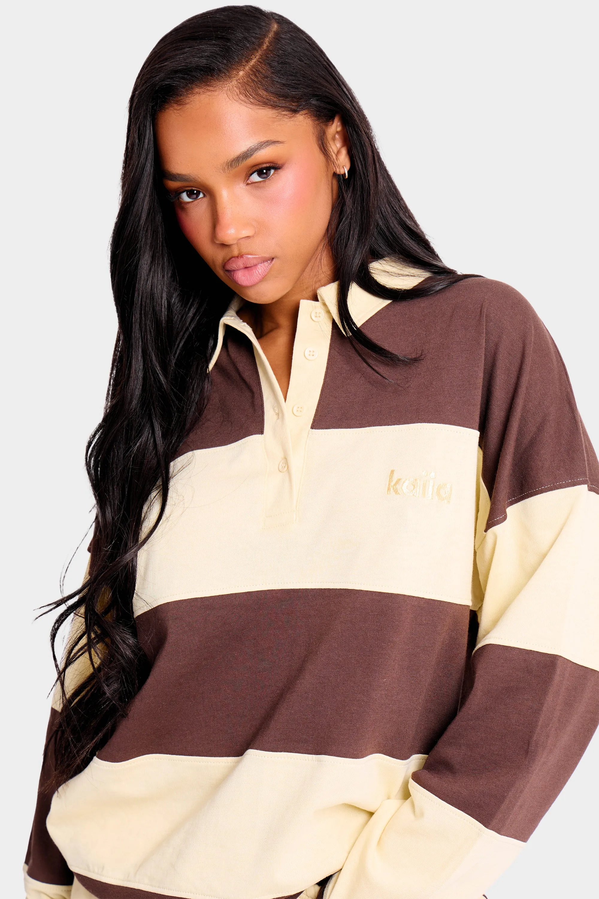 Kaiia Striped Oversized Rugby Style Top Butter Yellow & Brown sold by Kaiia the label product image thumbnail 2