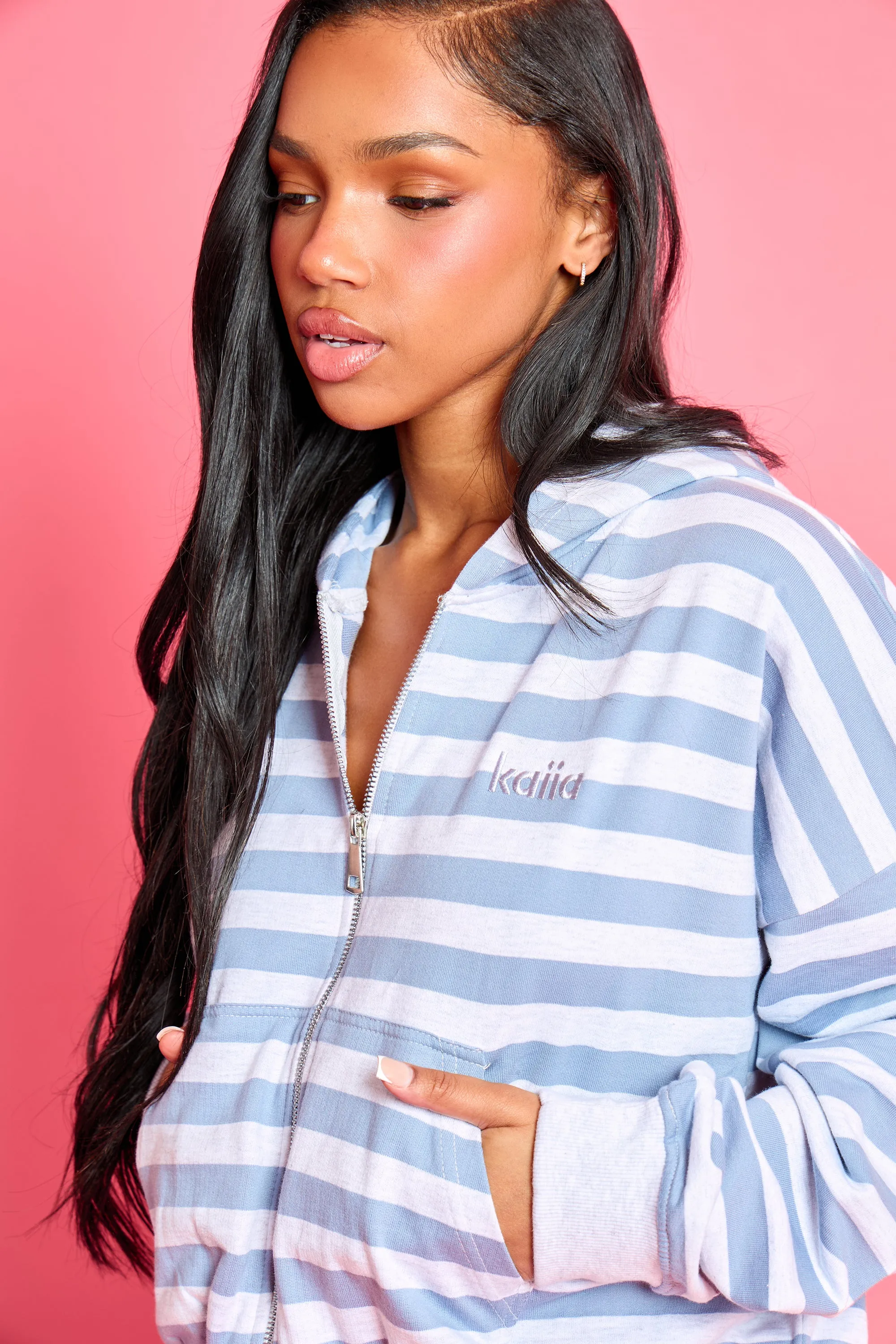 Kaiia Striped Oversized Zip Through Hoodie Soft Blue & Grey Marl sold by Kaiia the label product image thumbnail 2