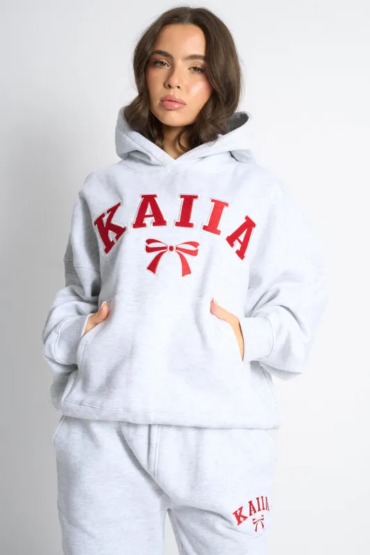 Kaiia Bow Embroidered Oversized Hoodie Light Grey Marl & Red made by Kaiia the label