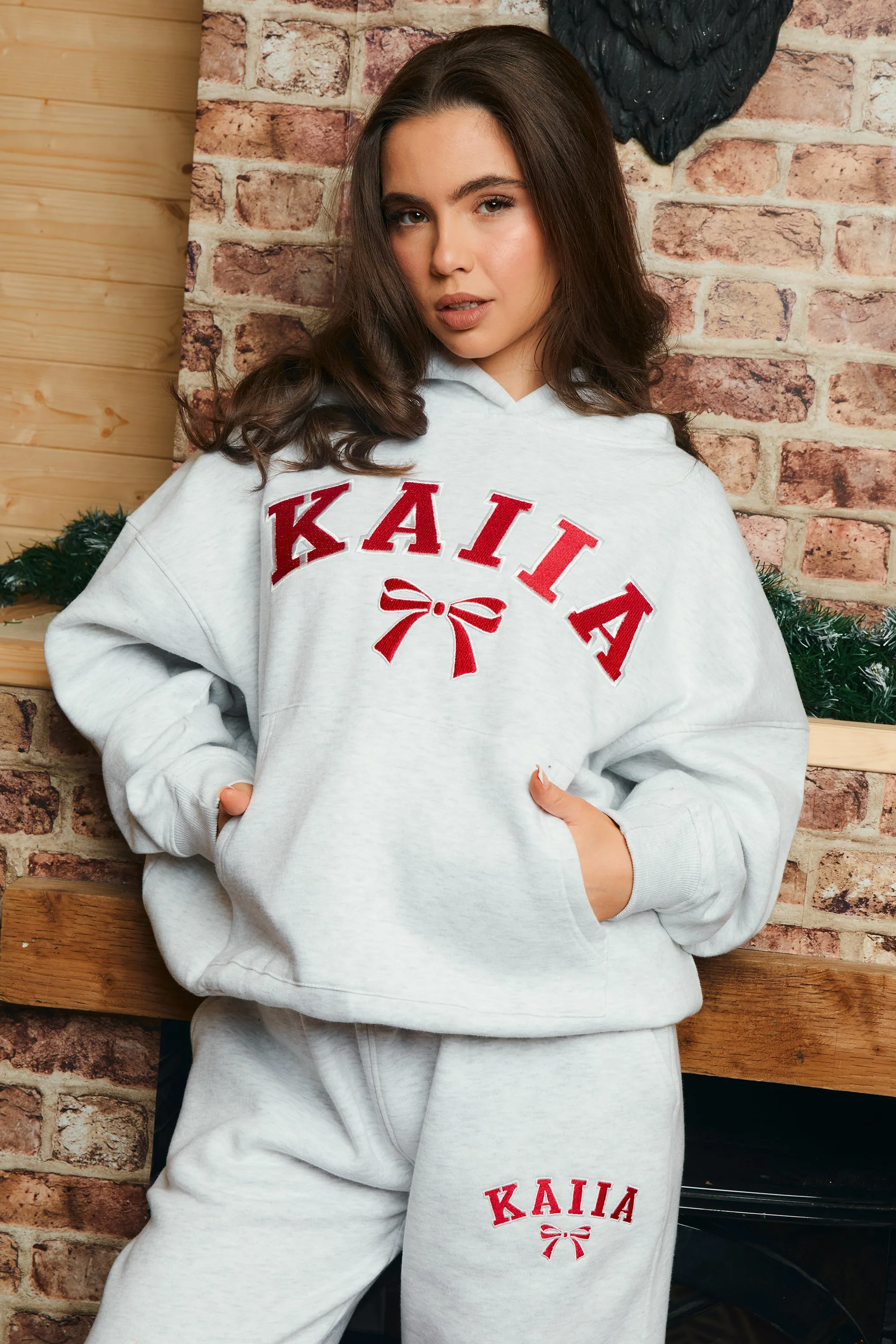 Kaiia Bow Embroidered Oversized Hoodie Light Grey Marl & Red sold by Kaiia the label product image thumbnail 2