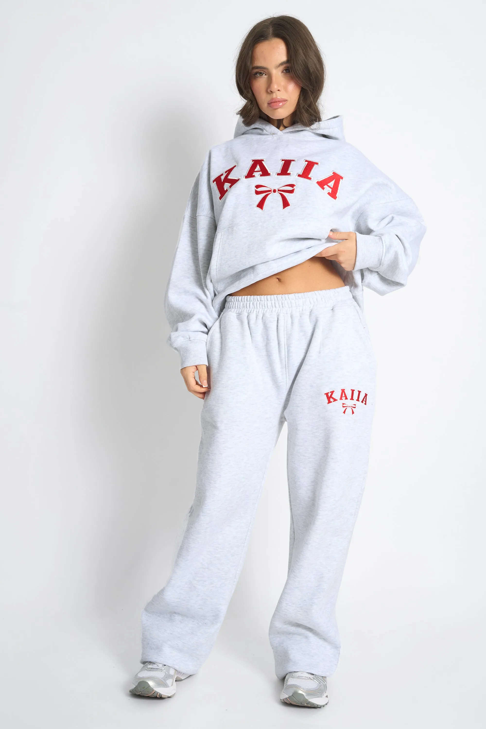 Kaiia Bow Embroidered Oversized Hoodie Light Grey Marl & Red sold by Kaiia the label product image thumbnail 4
