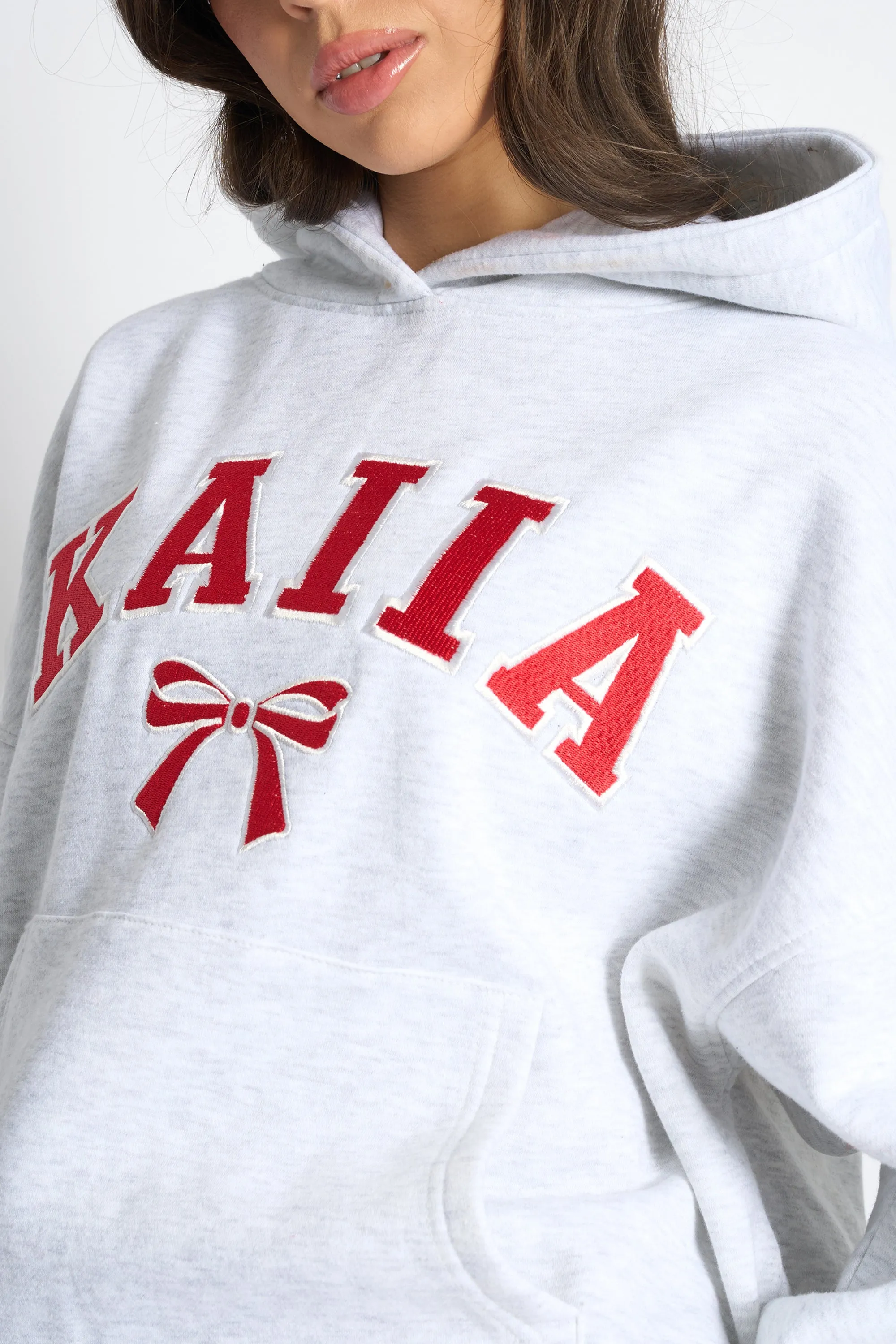 Kaiia Bow Embroidered Oversized Hoodie Light Grey Marl & Red sold by Kaiia the label product image thumbnail 5