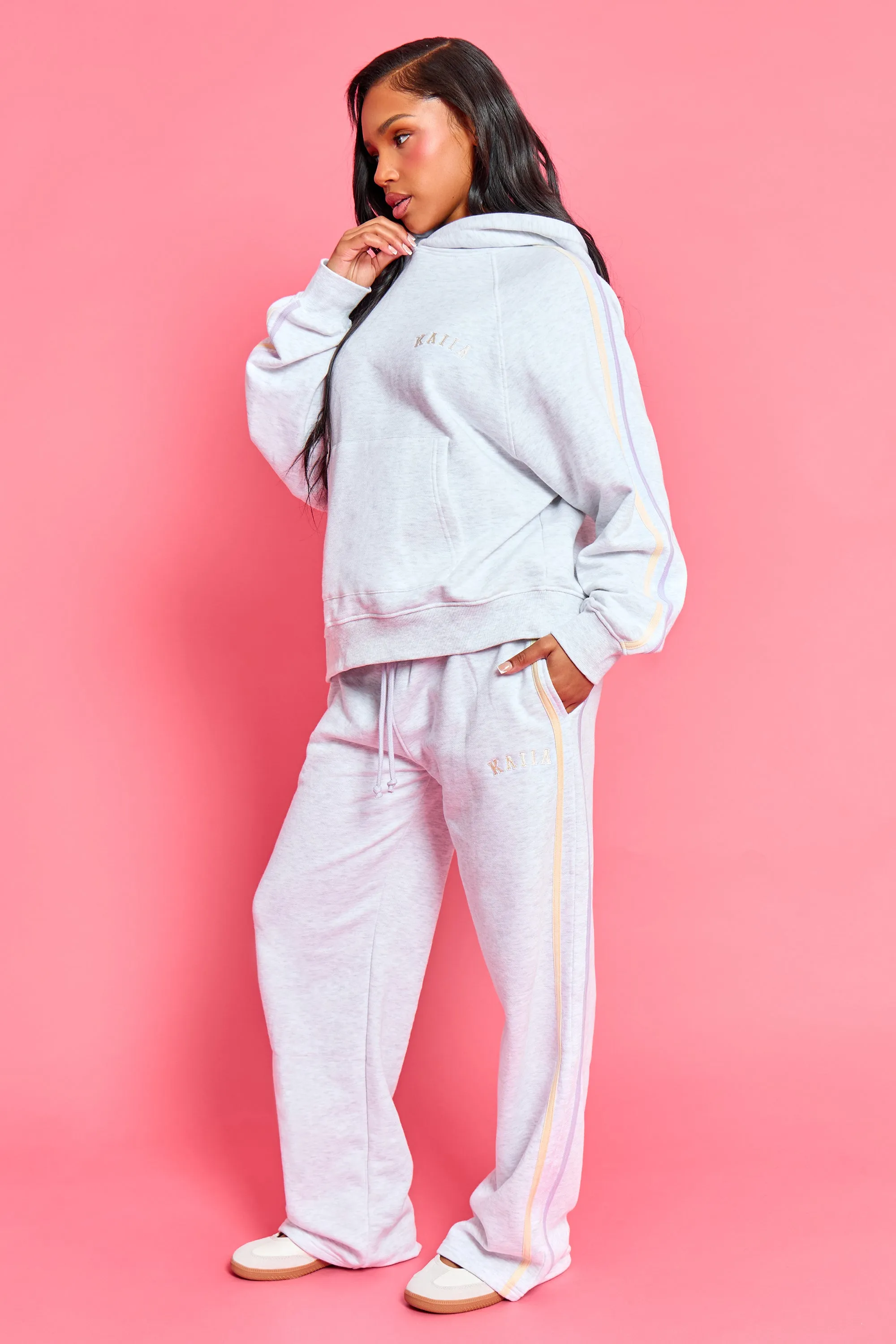 Kaiia Sport Side Stripe Wide Leg Joggers Light Grey Marl With Lemon & Lilac sold by Kaiia the label