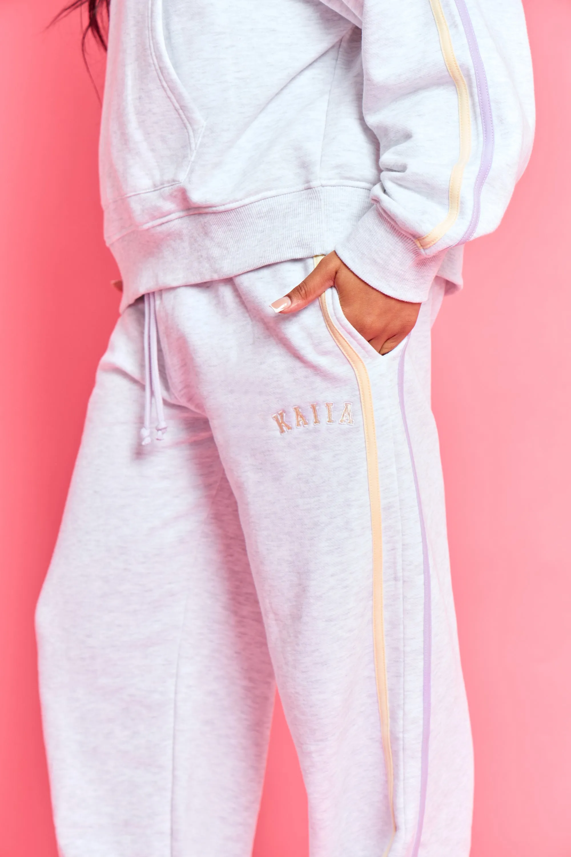 Kaiia Sport Side Stripe Wide Leg Joggers Light Grey Marl With Lemon & Lilac sold by Kaiia the label product image thumbnail 2
