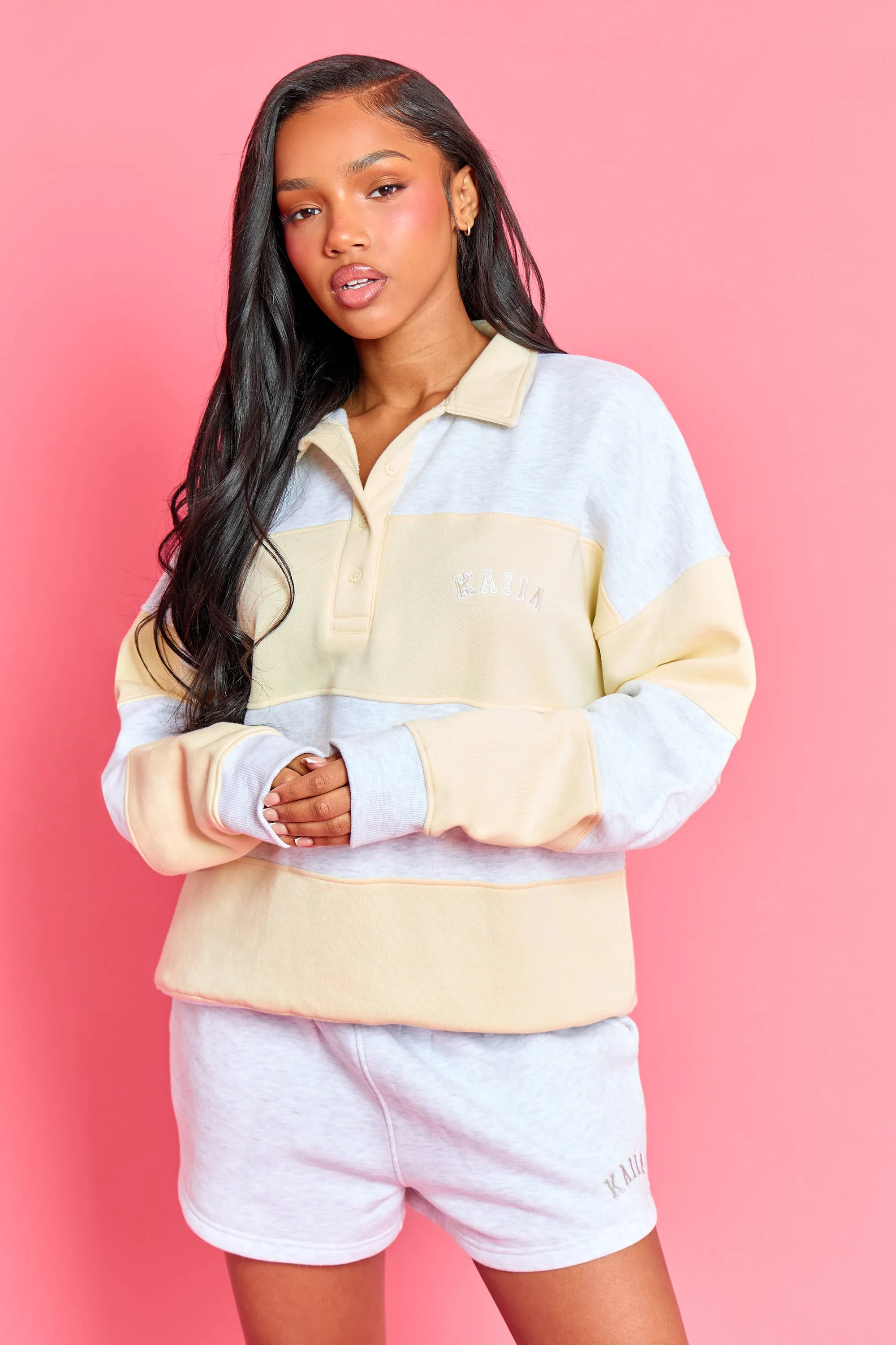 Kaiia Striped Oversized Rugby Sweatshirt Light Grey Marl & Lemon Frosting sold by Kaiia the label