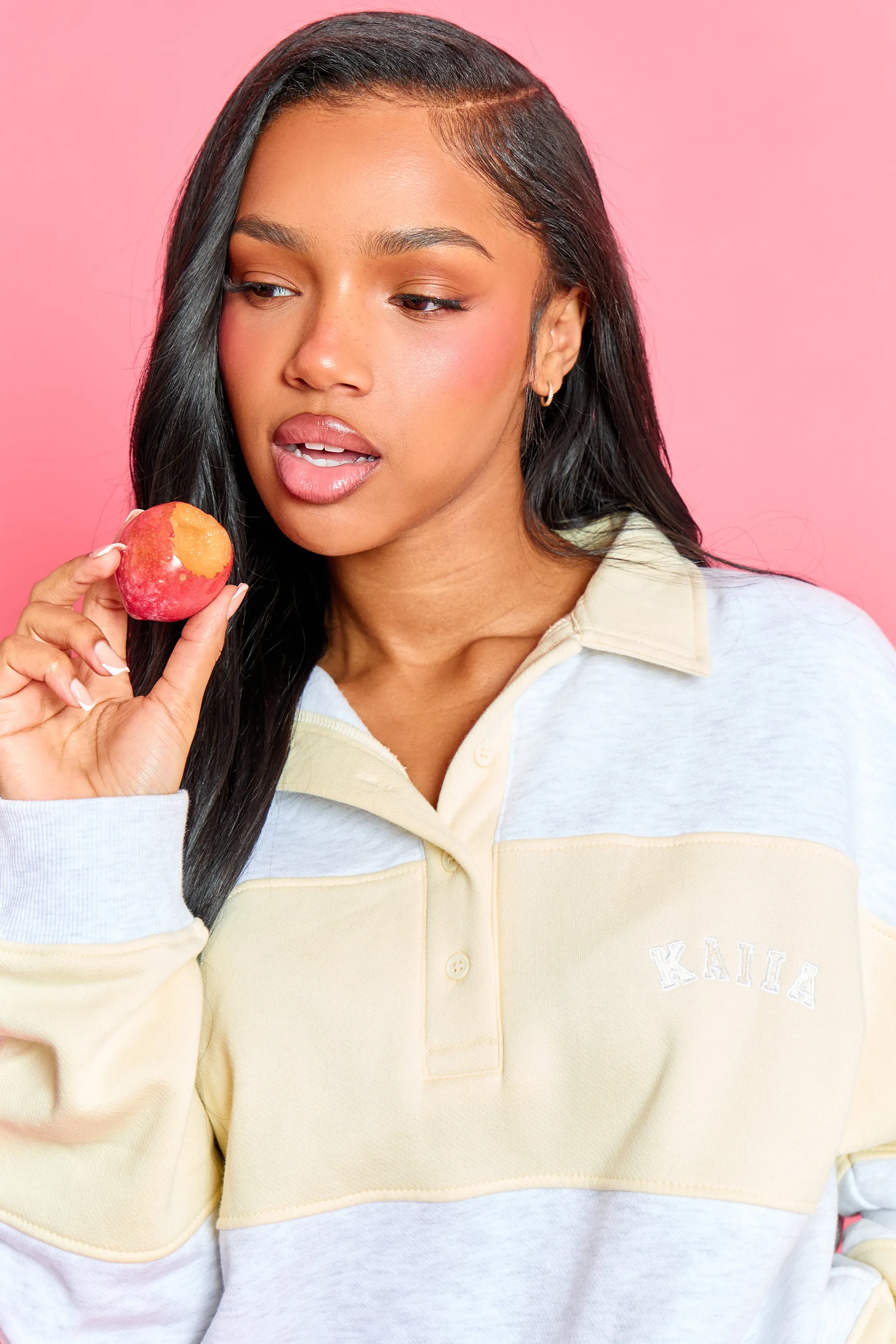 Kaiia Striped Oversized Rugby Sweatshirt Light Grey Marl & Lemon Frosting sold by Kaiia the label product image thumbnail 2