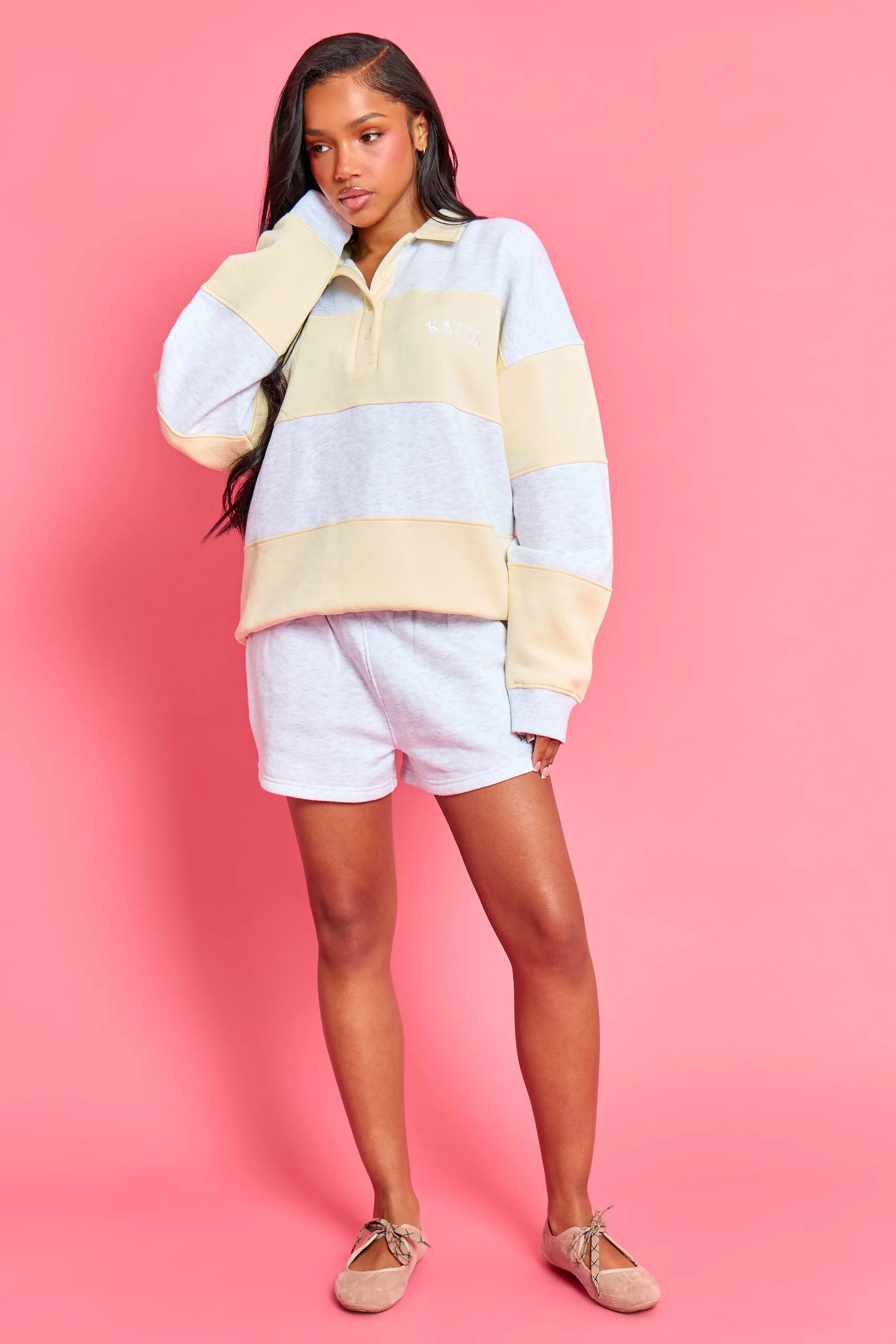 Kaiia Striped Oversized Rugby Sweatshirt Light Grey Marl & Lemon Frosting sold by Kaiia the label product image thumbnail 3