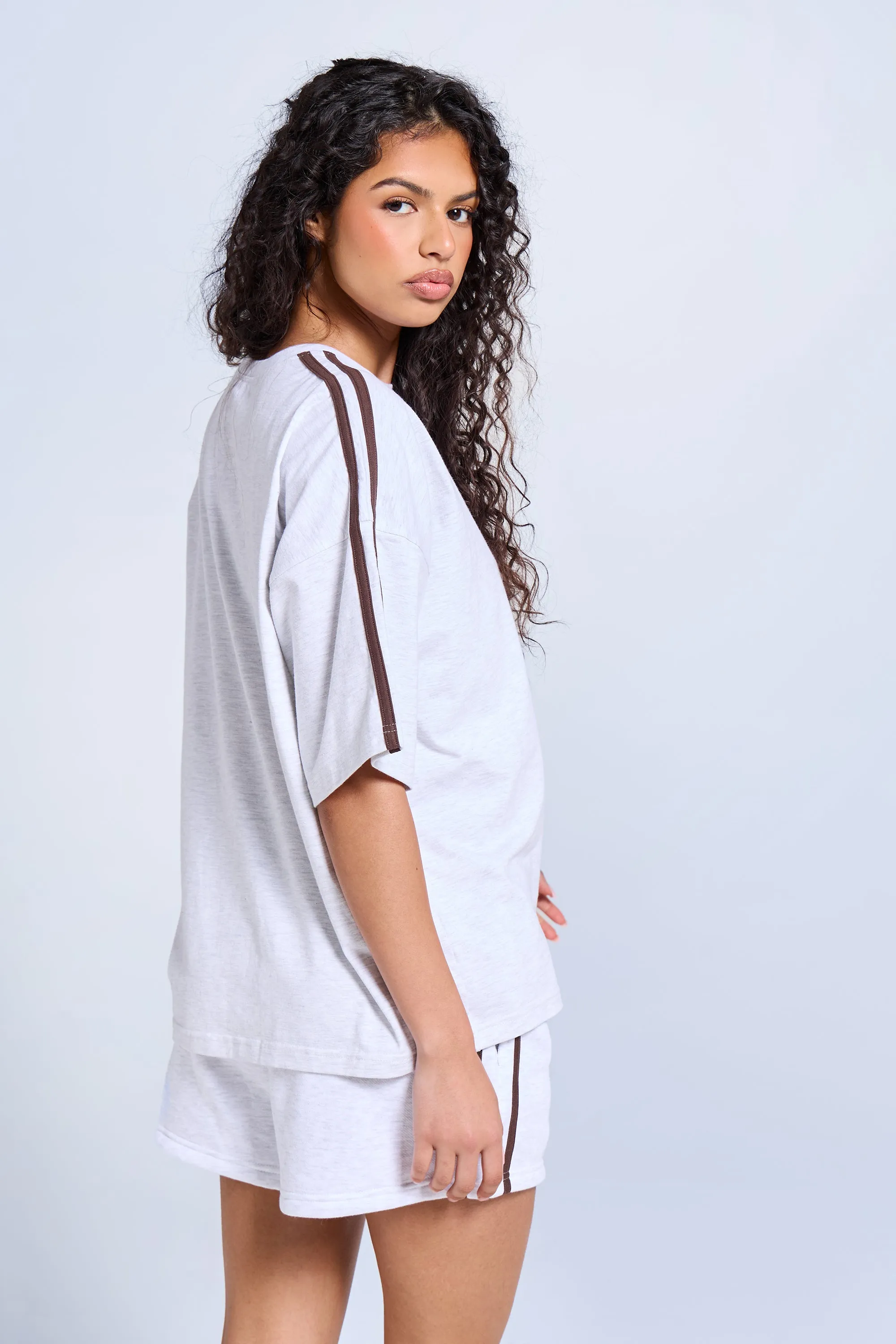 Kaiia Side Stripe Oversized T-shirt Light Grey Marl & Brown sold by Kaiia the label product image thumbnail 4