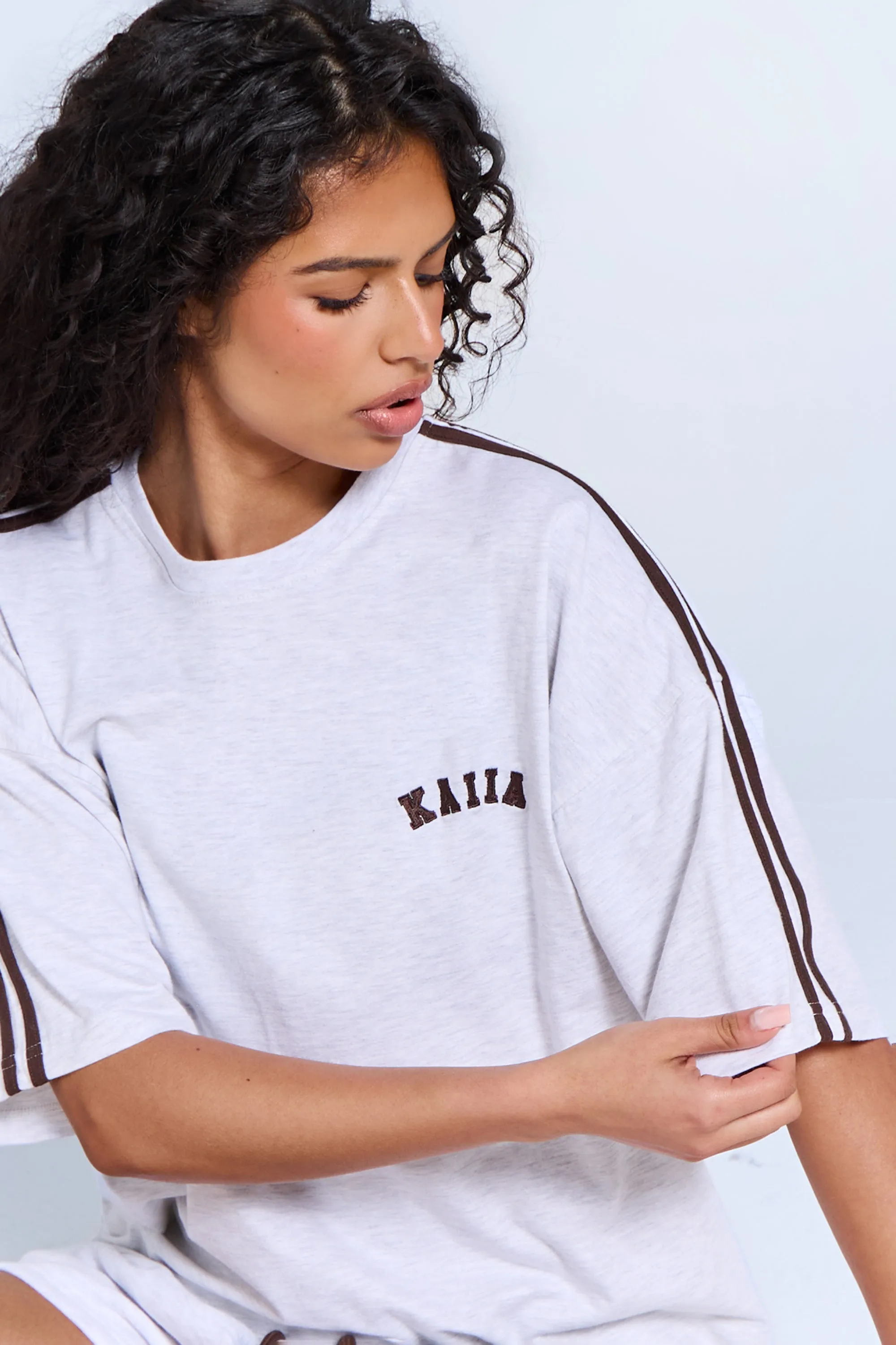 Kaiia Side Stripe Oversized T-shirt Light Grey Marl & Brown sold by Kaiia the label product image thumbnail 2