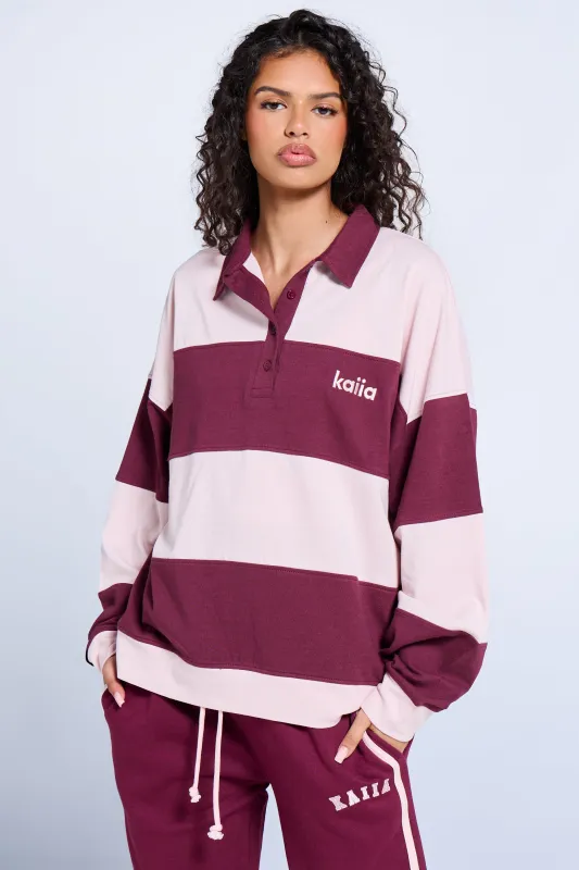 Kaiia Striped Oversized Rugby Style Top Dark Cherry & Pink made by Kaiia the label