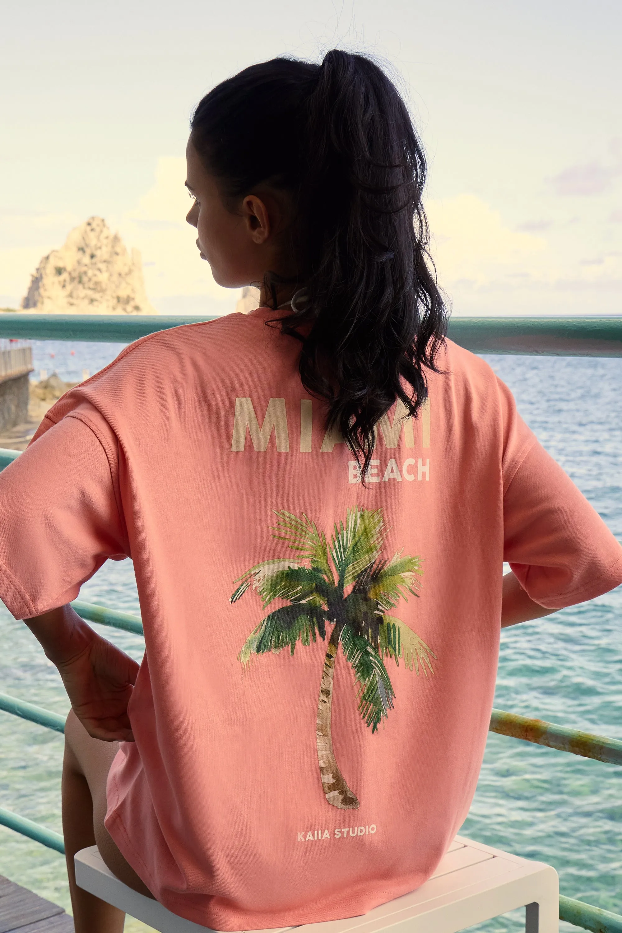 Kaiia Miami Beach Back Graphic Oversized T-Shirt Bright Coral sold by Kaiia the label product image thumbnail 3
