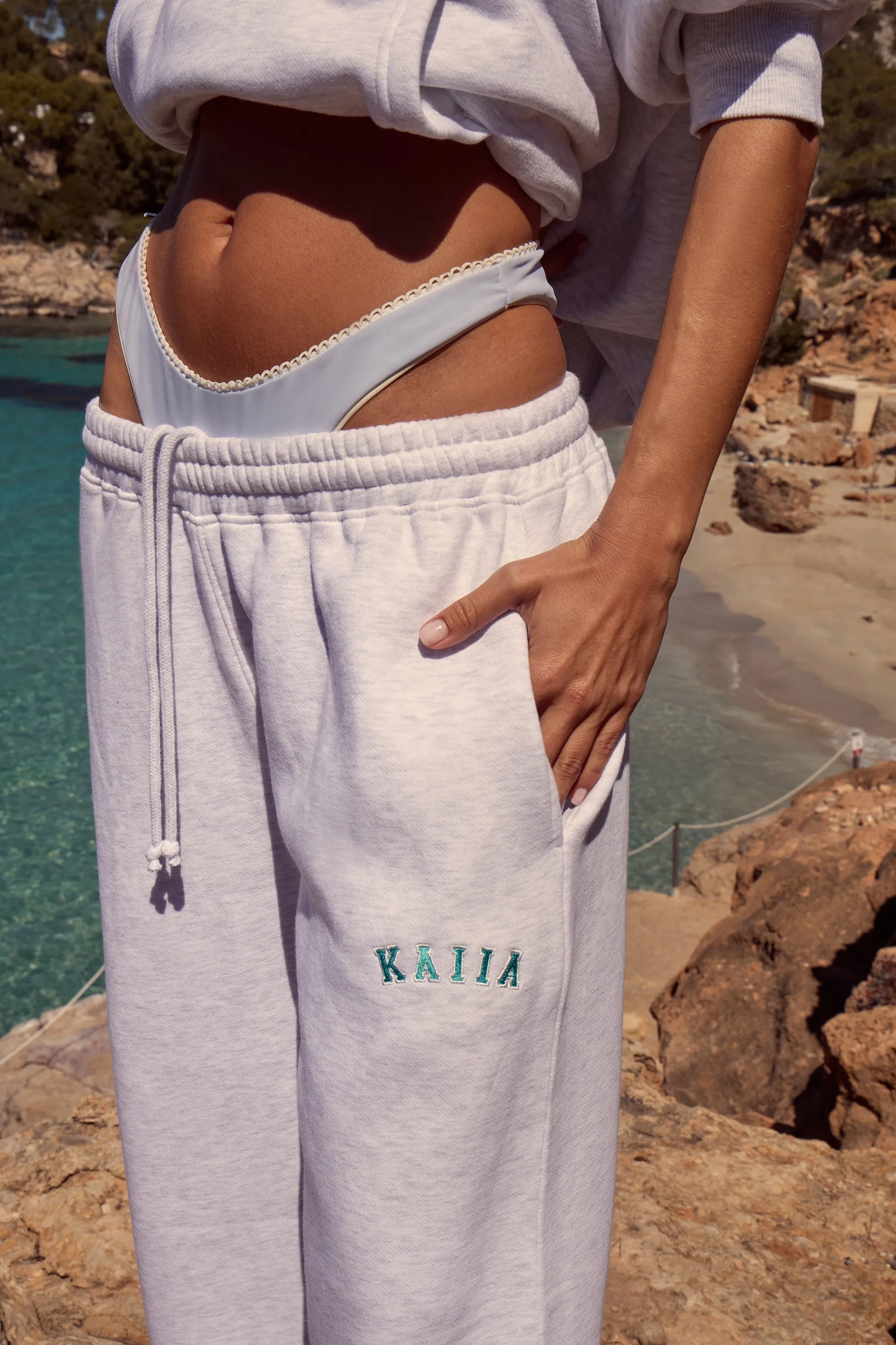 Kaiia Logo Wide Leg Joggers Light Grey Marl & Turquoise sold by Kaiia the label product image thumbnail 2
