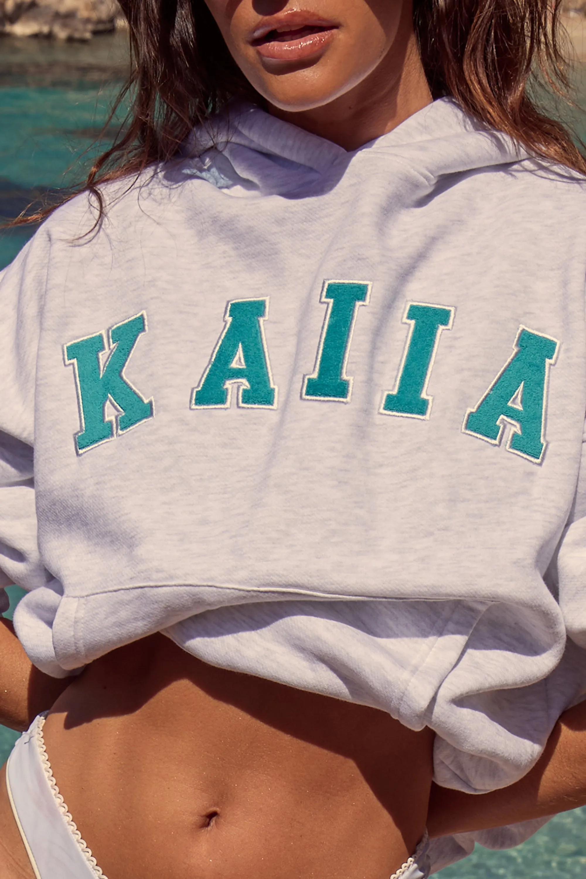 Kaiia Slogan Oversized Hoodie Light Grey Marl & Turquoise sold by Kaiia the label product image thumbnail 4