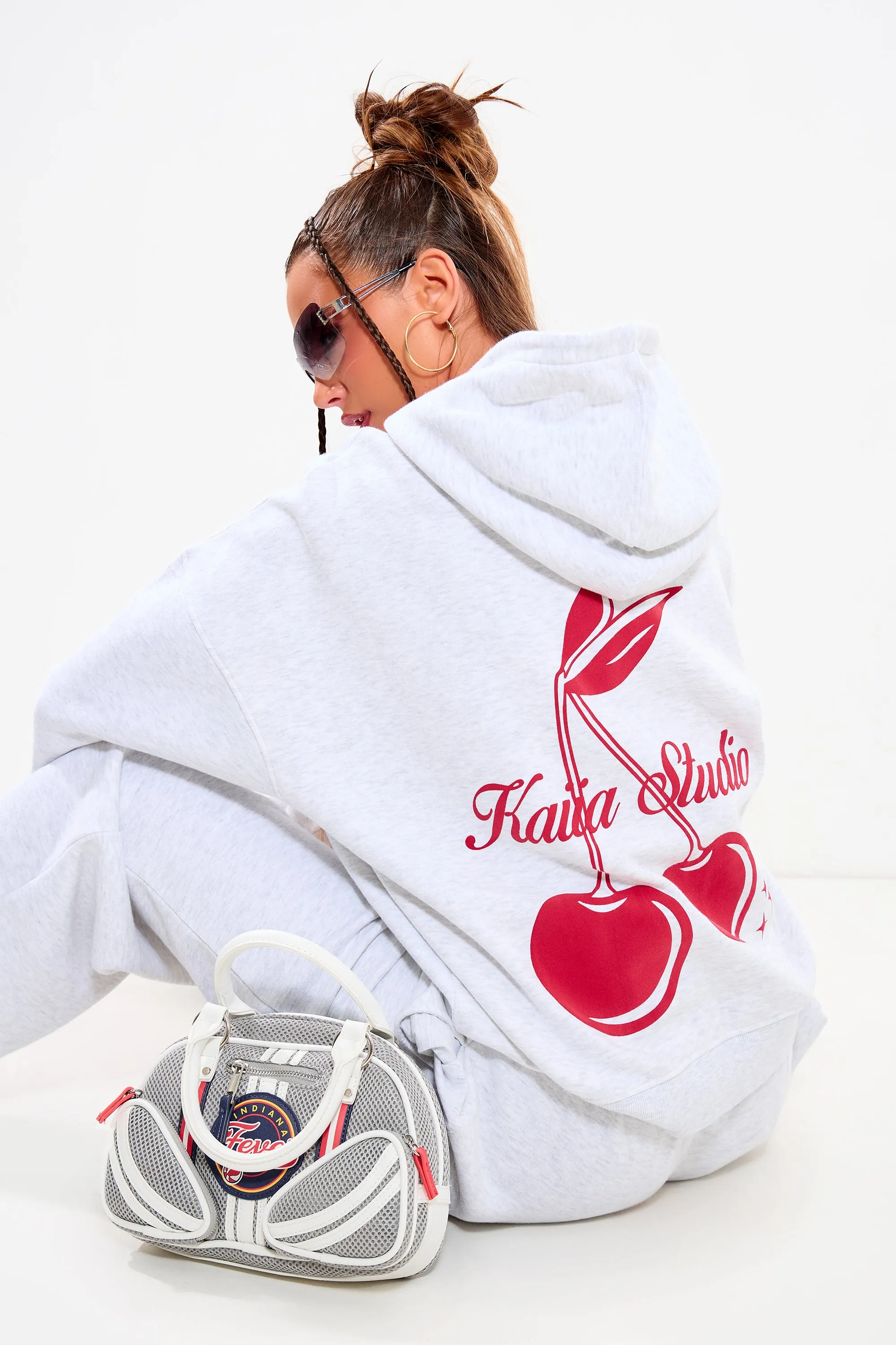 Kaiia Cherry Graphic Oversized Hoodie Light Grey Marl & Red sold by Kaiia the label