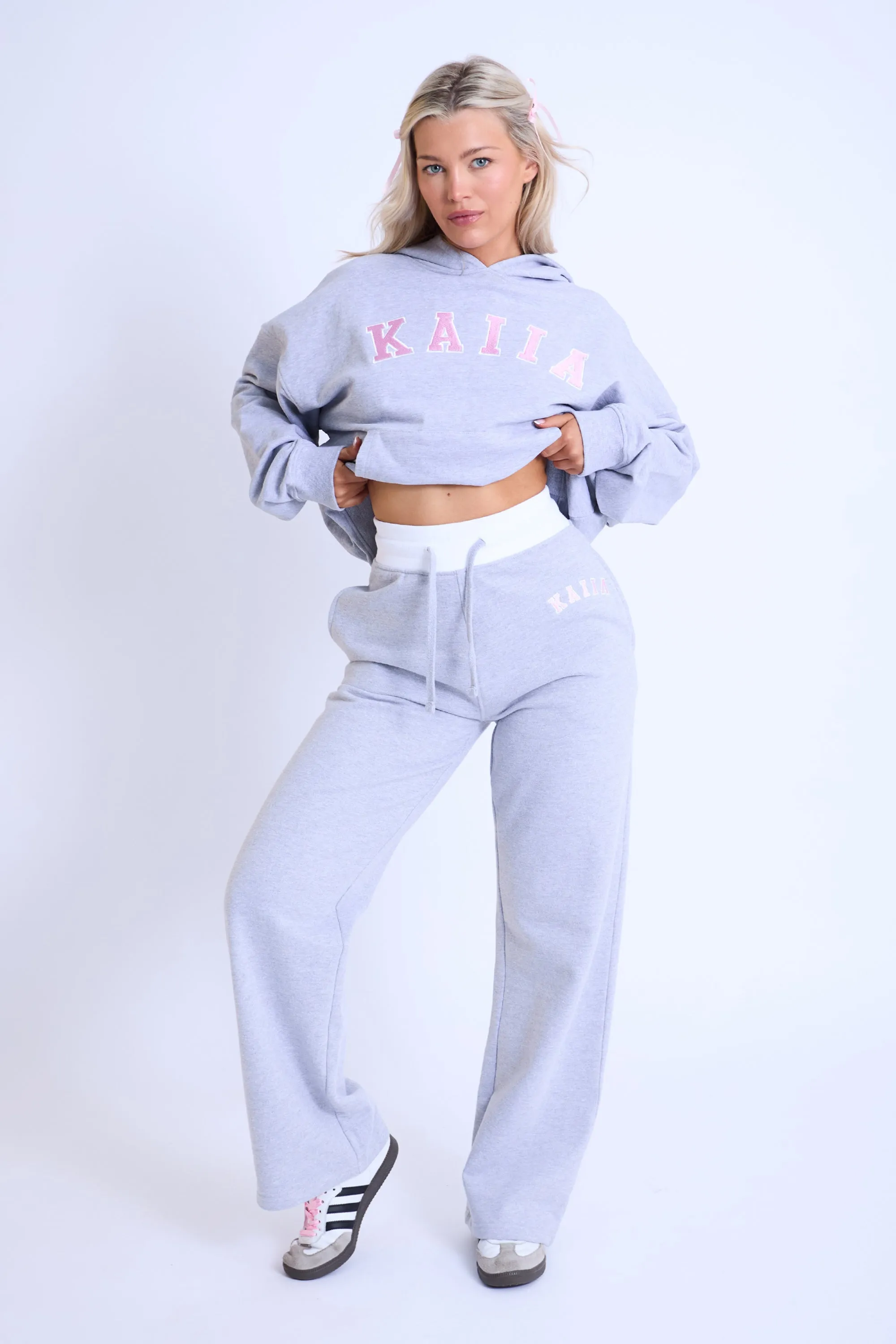 Kaiia Contrast Waistband Wide Leg Sweat Pants Grey Marl & Pink sold by Kaiia the label
