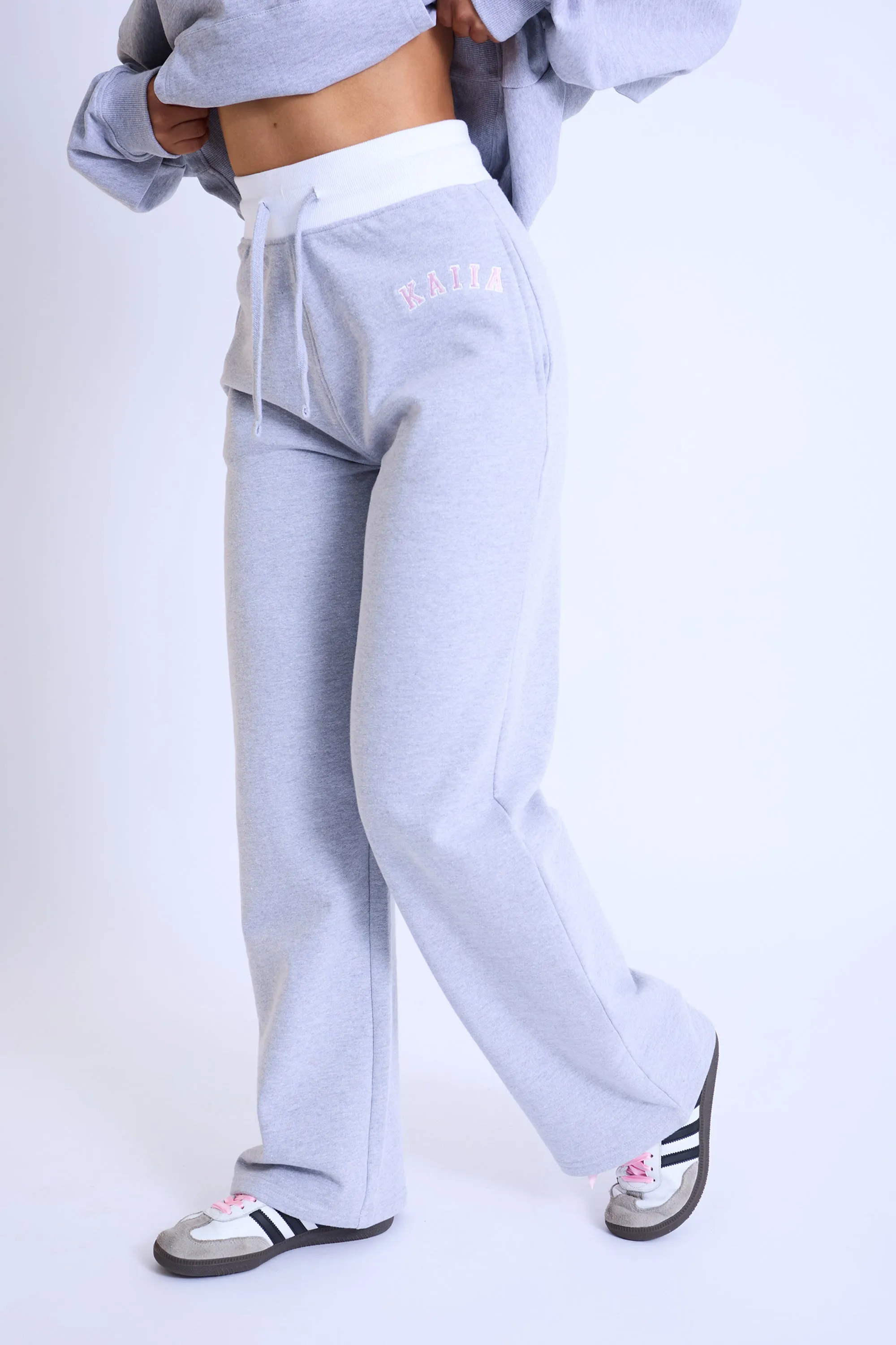 Kaiia Contrast Waistband Wide Leg Sweat Pants Grey Marl & Pink sold by Kaiia the label product image thumbnail 3