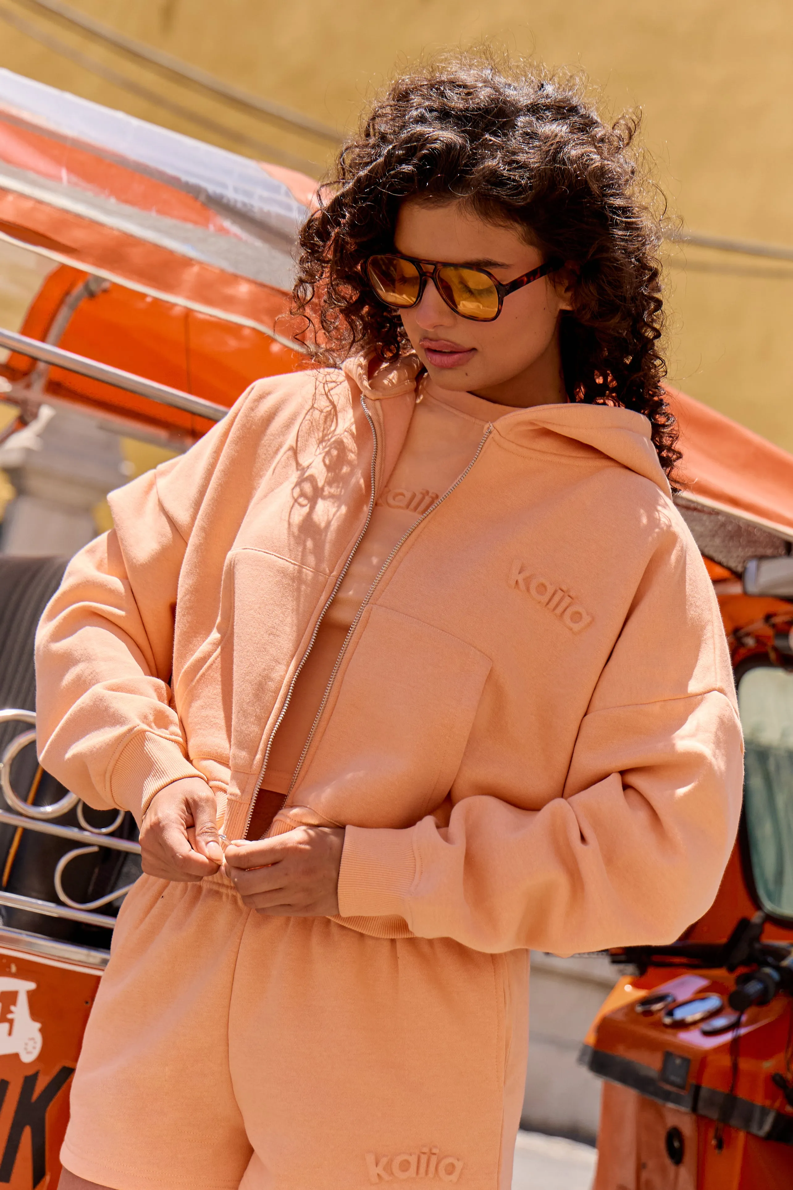 Kaiia Embossed Logo Oversized Zip Through Hoodie Peach sold by Kaiia the label product image thumbnail 2