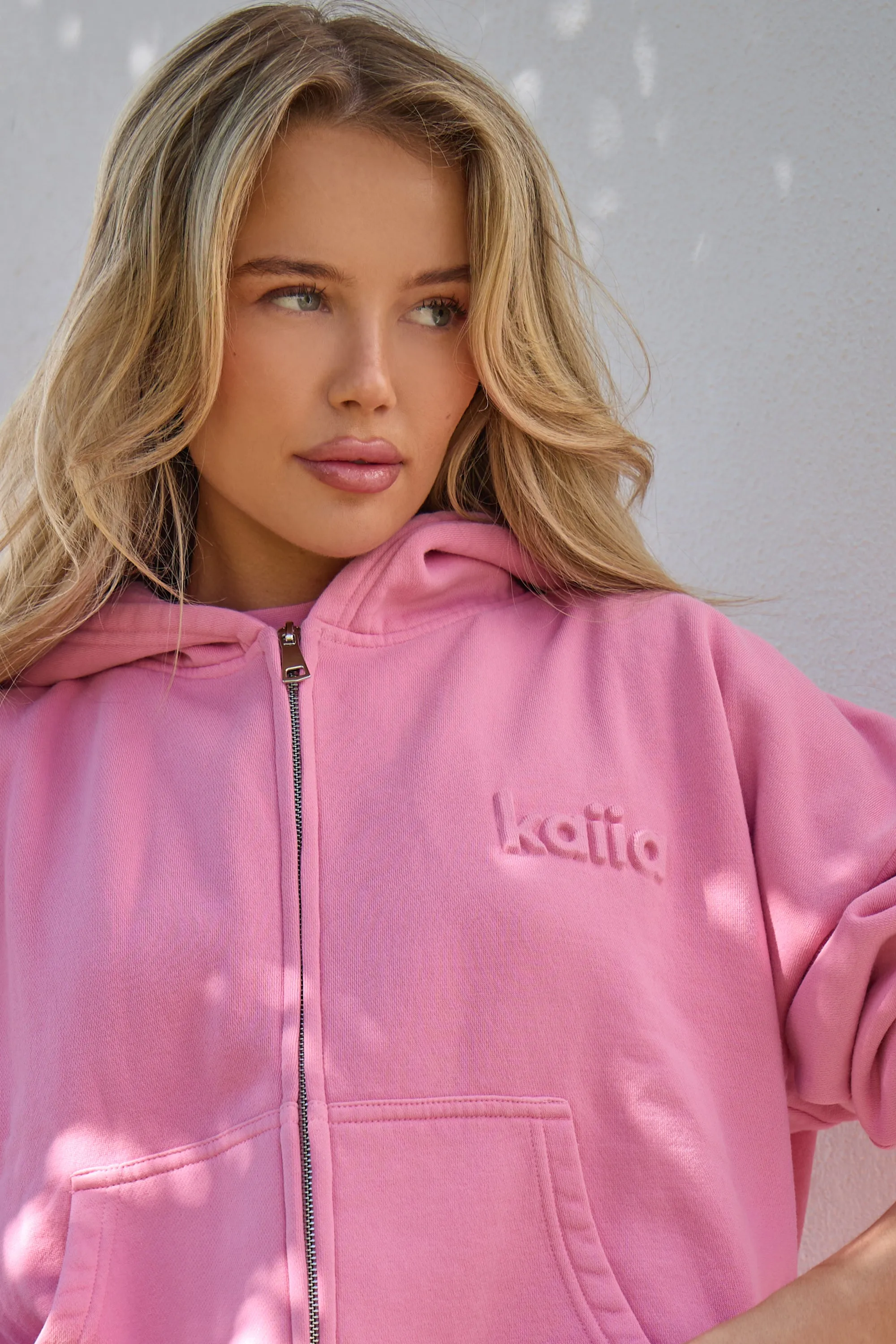 Kaiia Embossed Zip Through Hoodie Washed Bubblegum Pink sold by Kaiia the label product image thumbnail 2