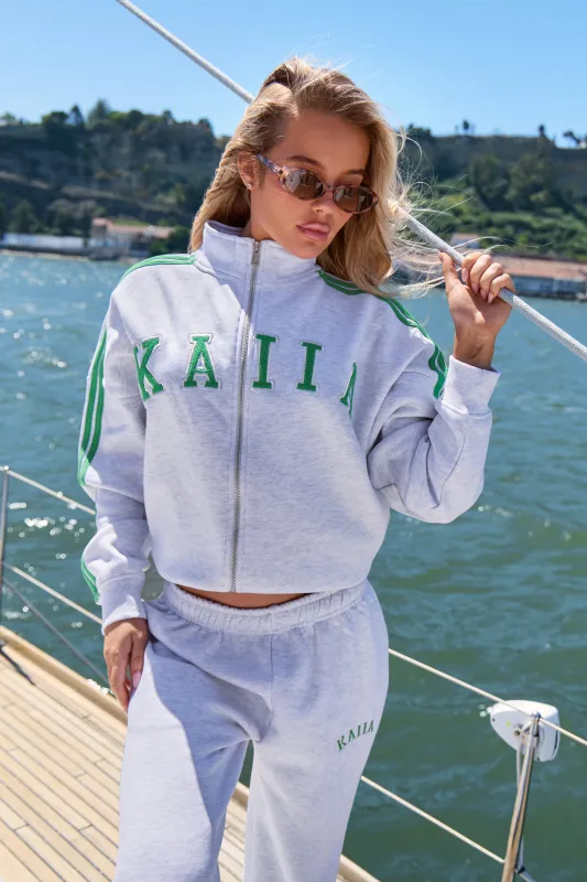 Kaiia Sport Stripe Funnel Neck Zip Through Sweatshirt Light Grey Marl & Appletini Green made by Kaiia the label