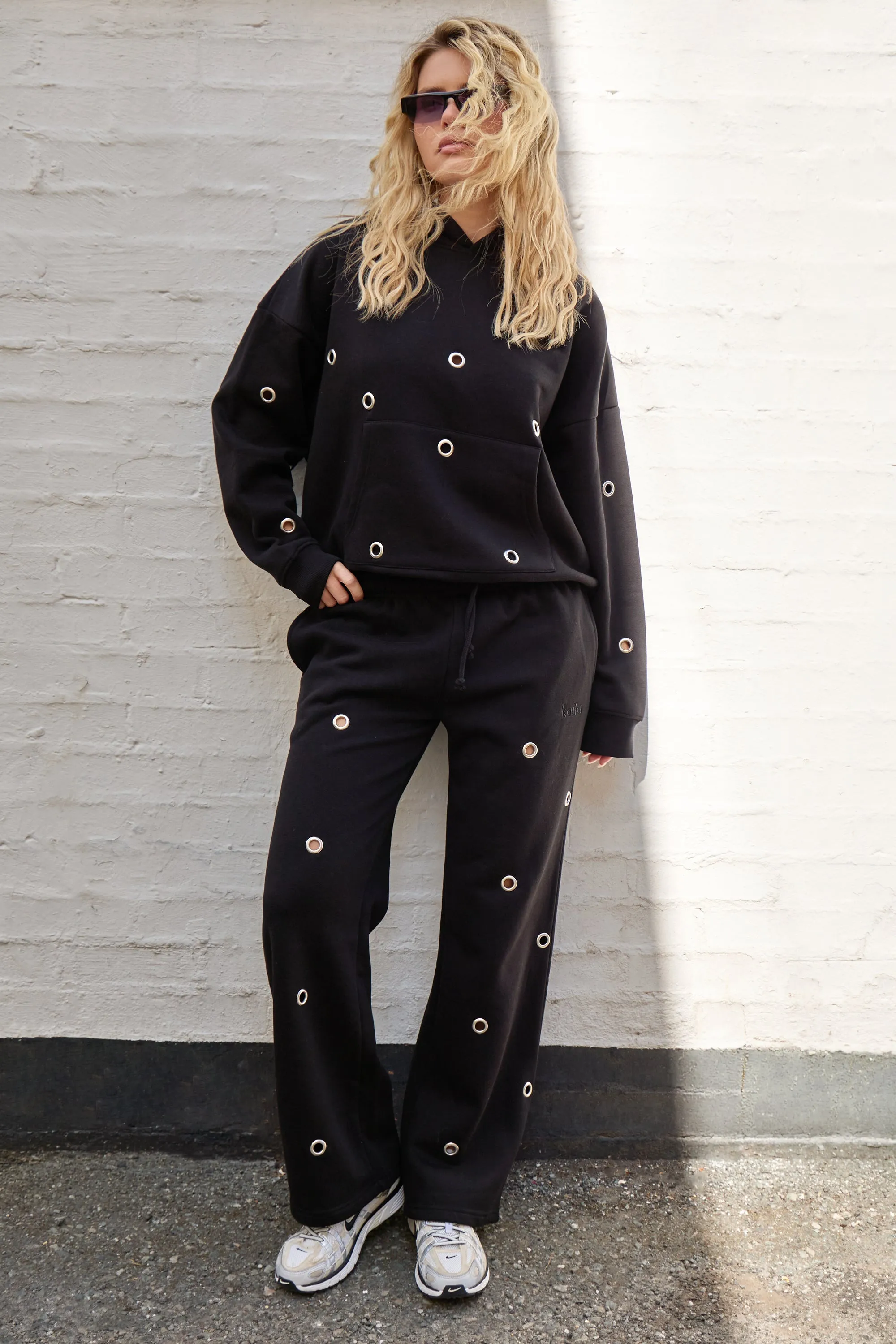 Kaiia Eyelet Wide Leg Joggers Black sold by Kaiia the label