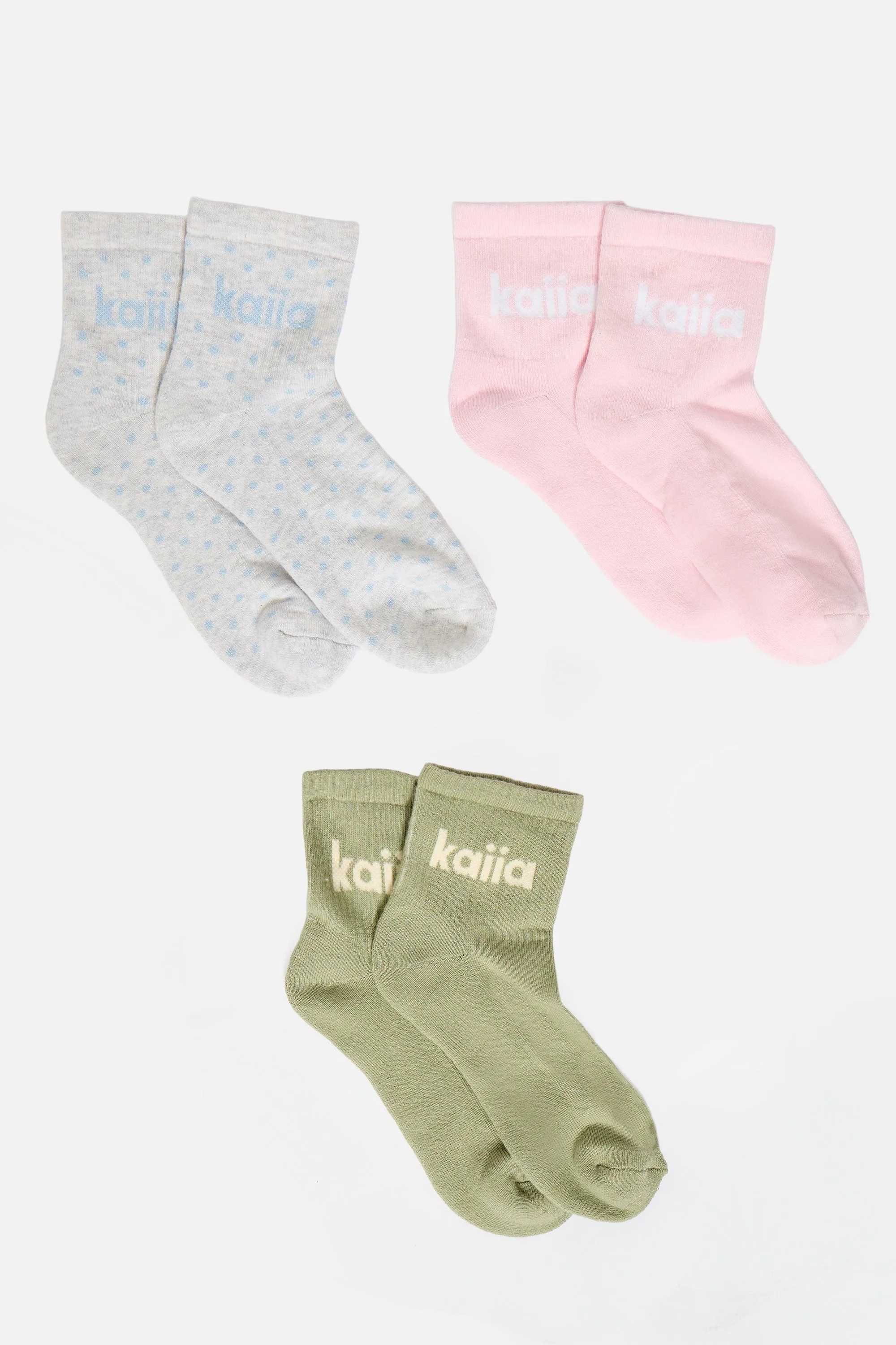 Pack of Three Kaiia Slogan Socks Polka Dot, Sage & Pink sold by Kaiia the label