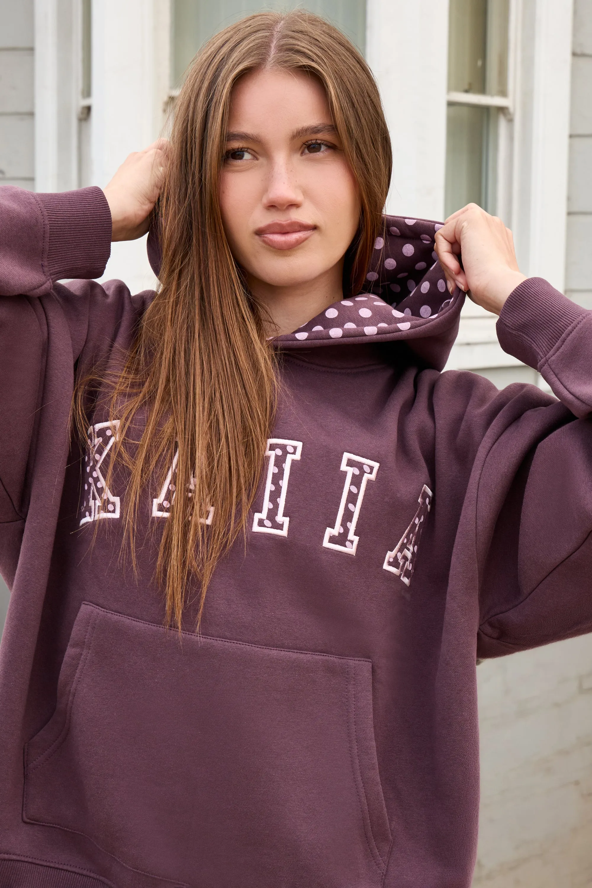 Kaiia Polka Dot Detail Oversized Hoodie Berry Brown & Vintage Pink sold by Kaiia the label product image thumbnail 2