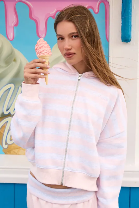 Kaiia Striped Oversized Zip Through Hoodie Light Grey Marl & Vintage Pink made by Kaiia the label