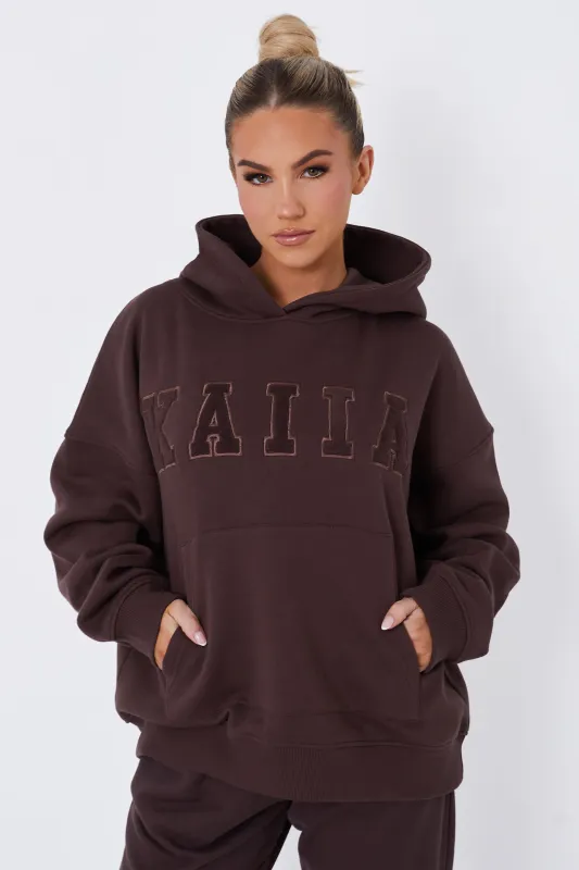 Kaiia Borg Slogan Oversized Hoodie Brown made by Kaiia the label
