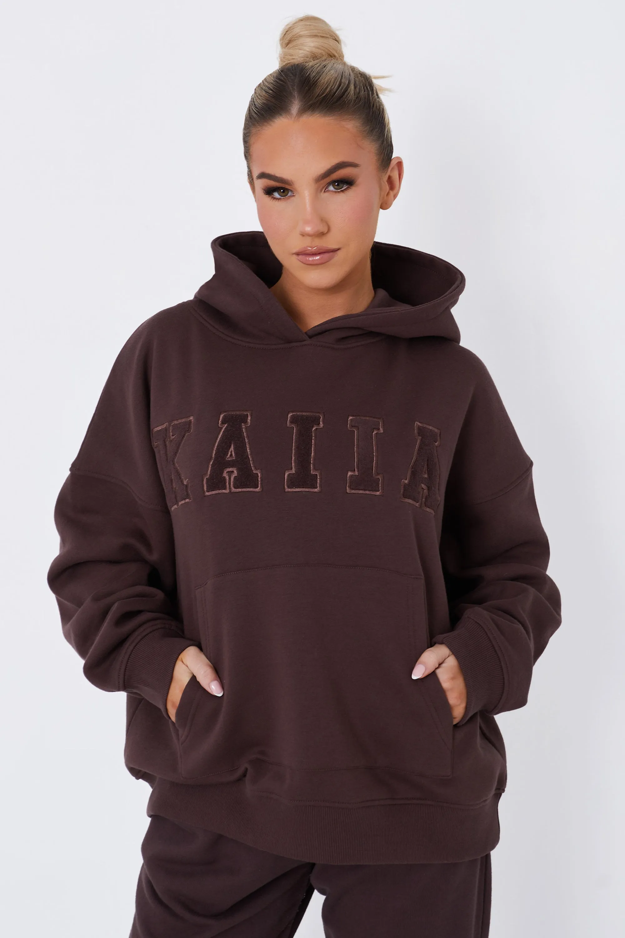 Kaiia Borg Slogan Oversized Hoodie Brown sold by Kaiia the label