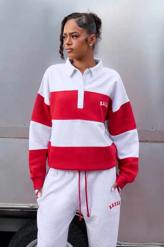 Kaiia Striped Oversized Rugby Sweatshirt Light Grey Marl & Sport Red made by Kaiia the label