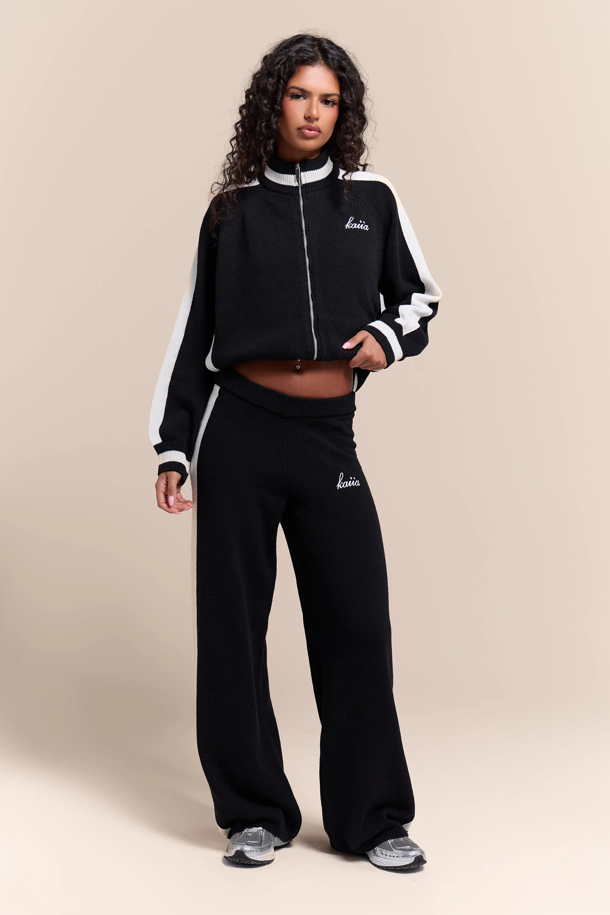Kaiia Knit Sport Stripe Zip Through Sweatshirt Black & White sold by Kaiia the label product image thumbnail 3