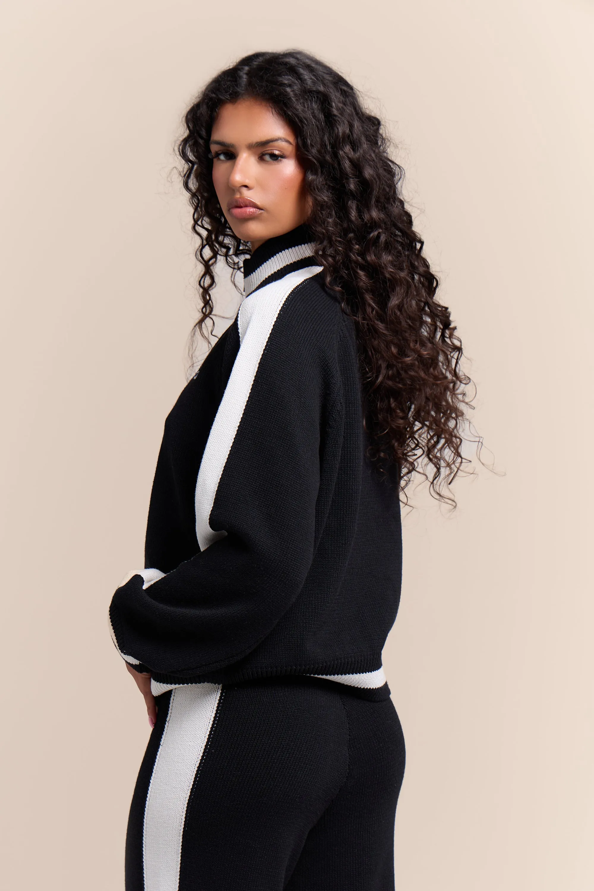 Kaiia Knit Sport Stripe Zip Through Sweatshirt Black & White sold by Kaiia the label product image thumbnail 4