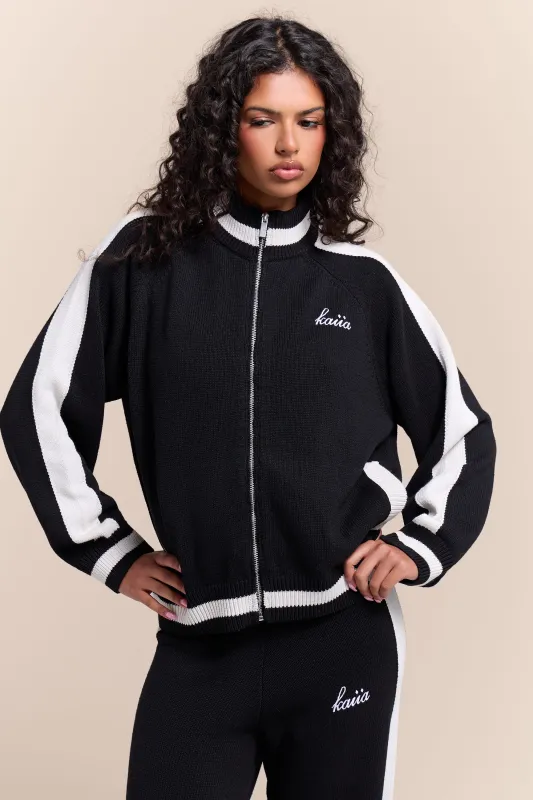 Kaiia Knit Sport Stripe Zip Through Sweatshirt Black & White made by Kaiia the label