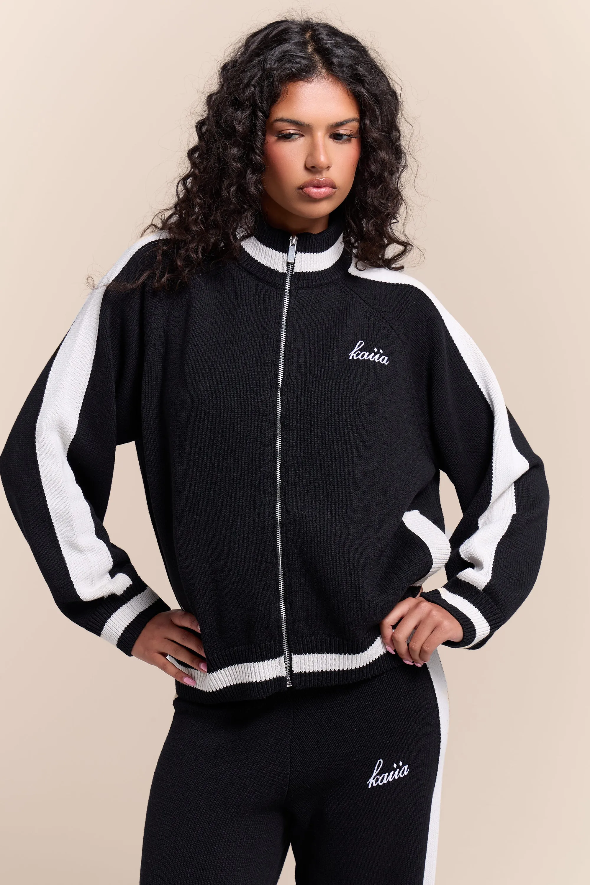 Kaiia Knit Sport Stripe Zip Through Sweatshirt Black & White sold by Kaiia the label