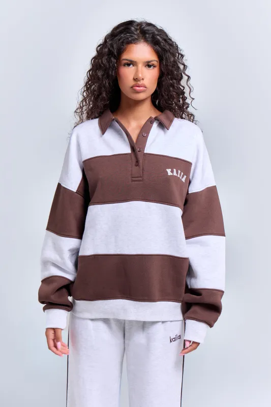 Kaiia Striped Oversized Rugby Sweatshirt Light Grey Marl & Chocolate made by Kaiia the label