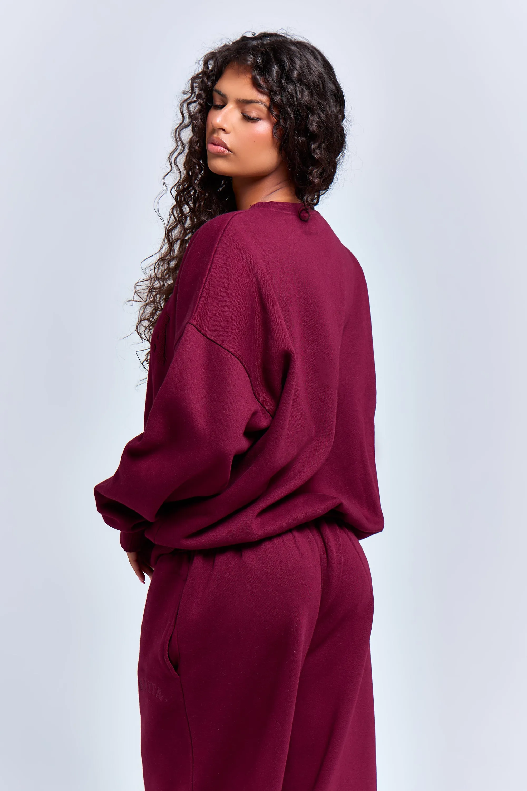 Kaiia Borg Slogan Oversized Sweatshirt Deep Burgundy sold by Kaiia the label product image thumbnail 4