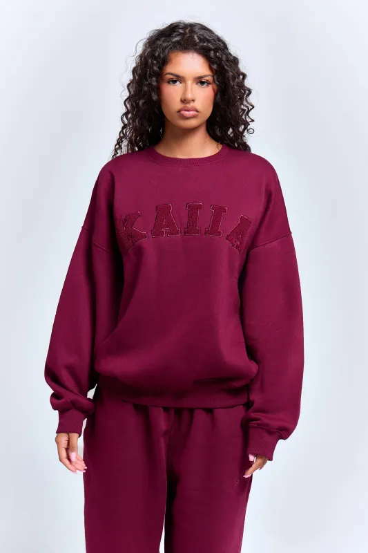 Kaiia Borg Slogan Oversized Sweatshirt Deep Burgundy made by Kaiia the label
