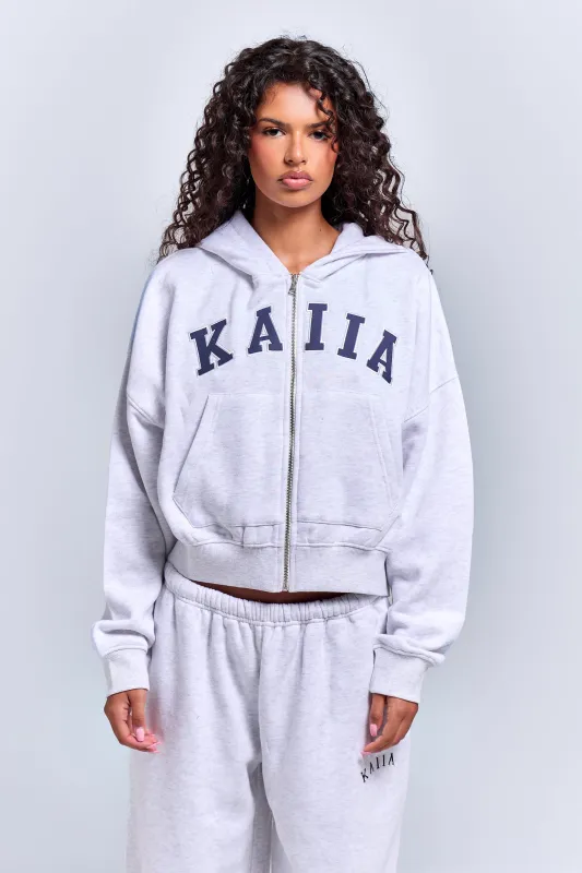Kaiia Slogan Oversized Zip Through Hoodie Light Grey Marl & Navy made by Kaiia the label
